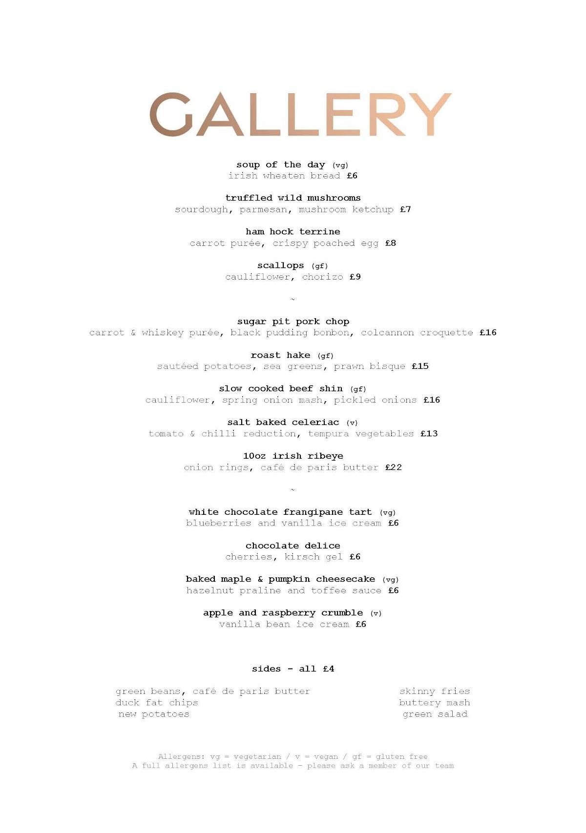 Gallery Restaurant меню