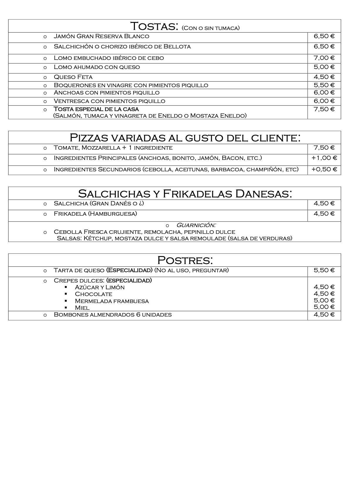 Gastrobar Quimera меню