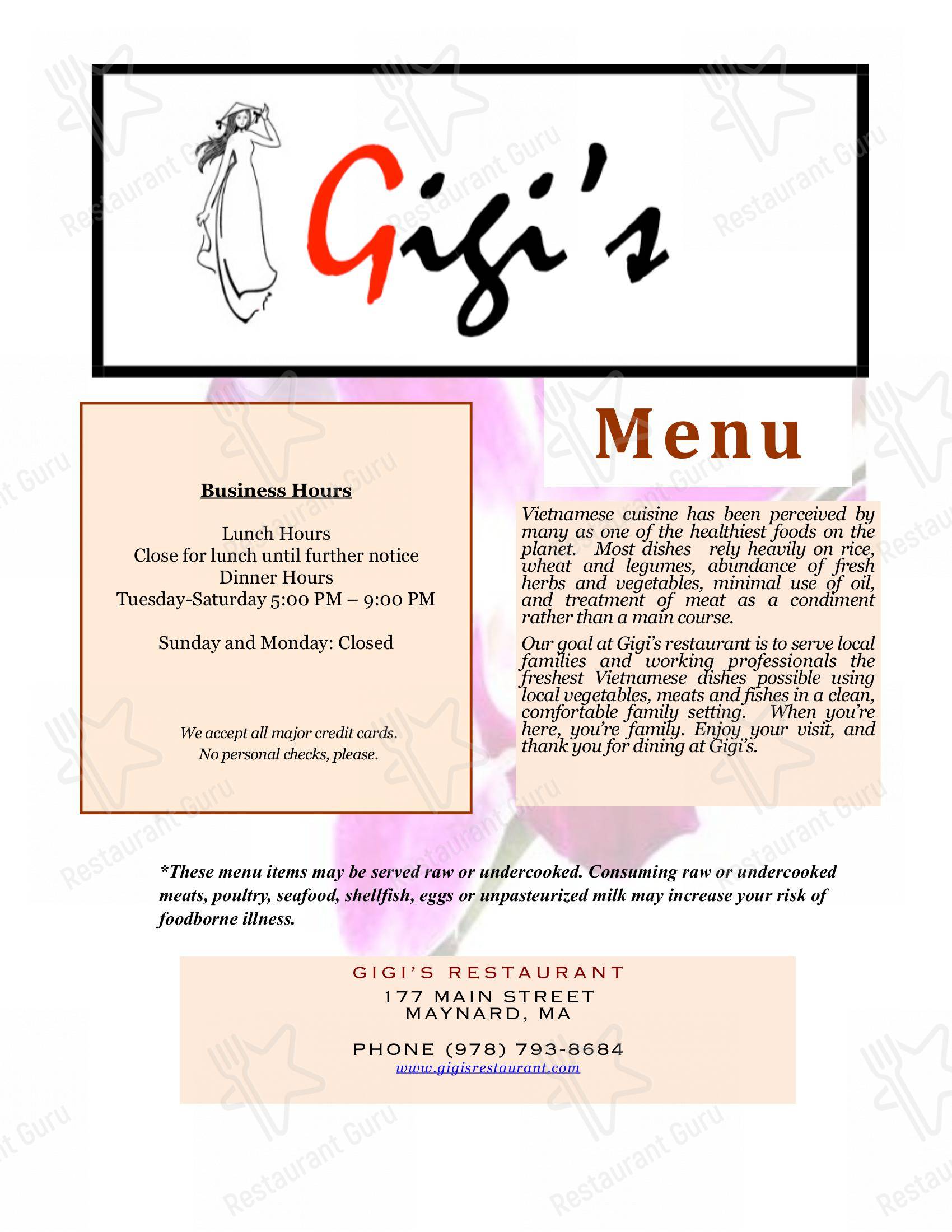 Меню ресторана Gigi's Restaurant в Мейнарде