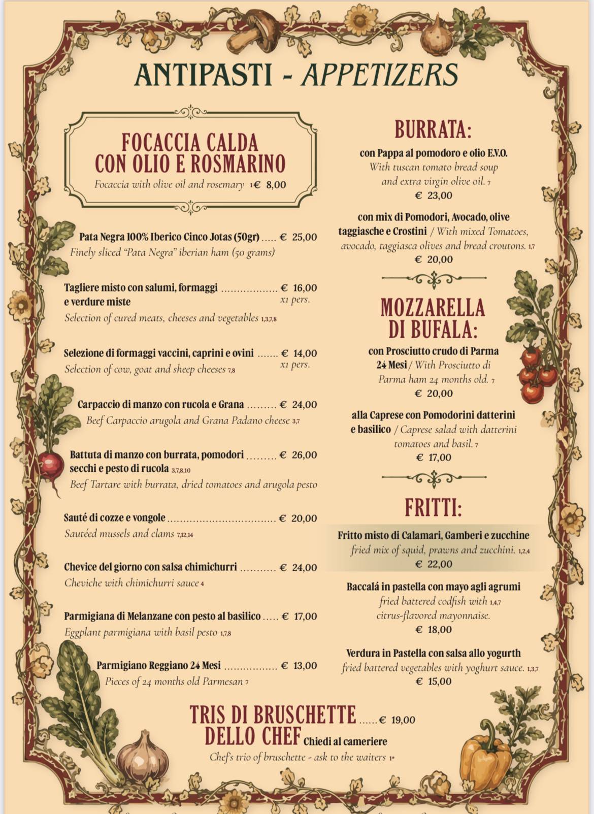 Giulietta alle Carrozze Ristorante меню
