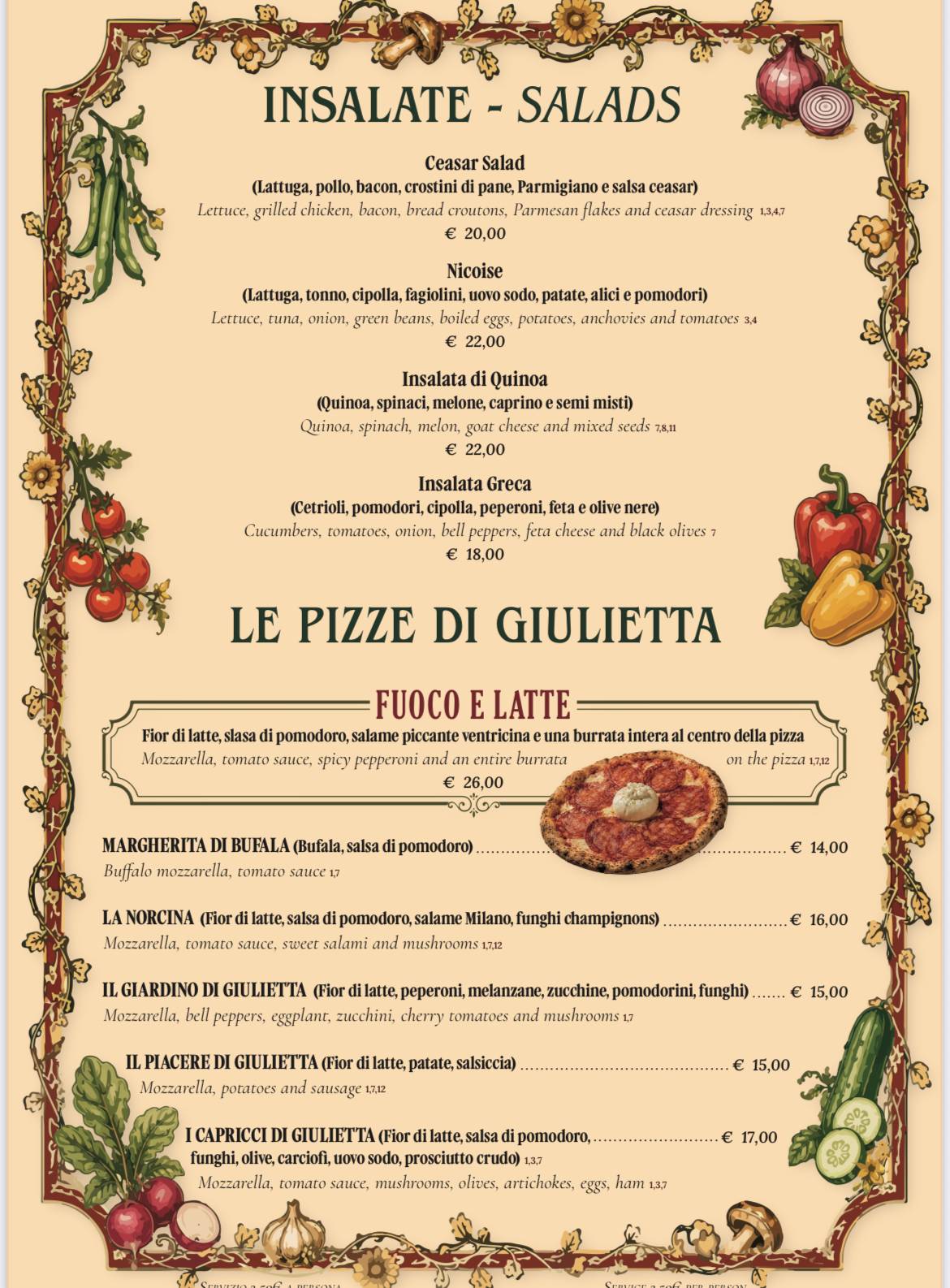 Giulietta alle Carrozze Ristorante меню