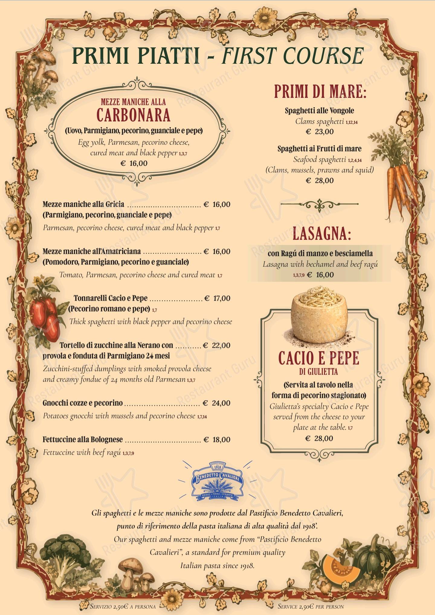 Меню Giulietta alle Carrozze Ristorante - блюда и напитки