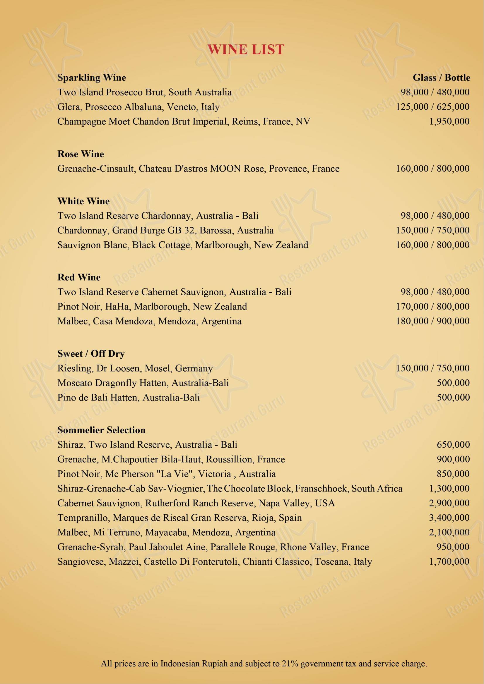 Golden Monkey Ubud в Ubud - Основное меню
