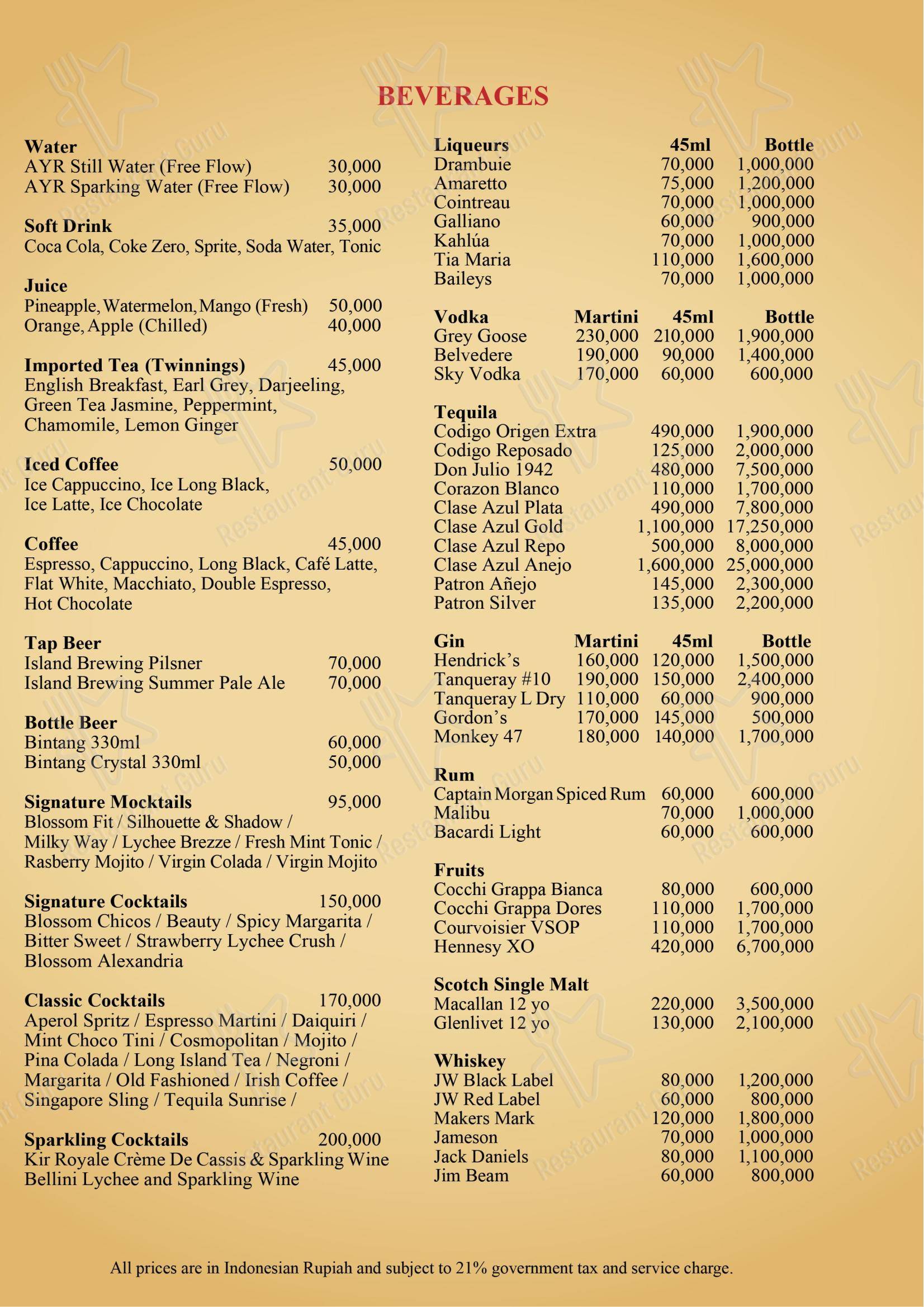 Основное меню ресторана Golden Monkey Ubud в Ubud