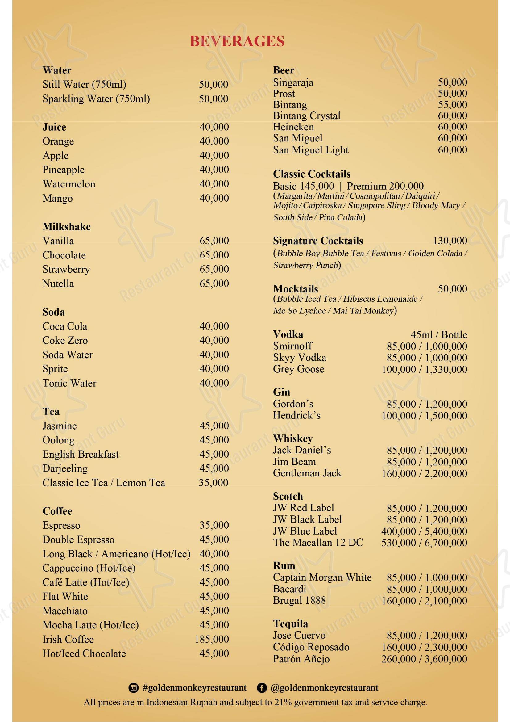Golden Monkey Ubud в Ubud - Меню напитков