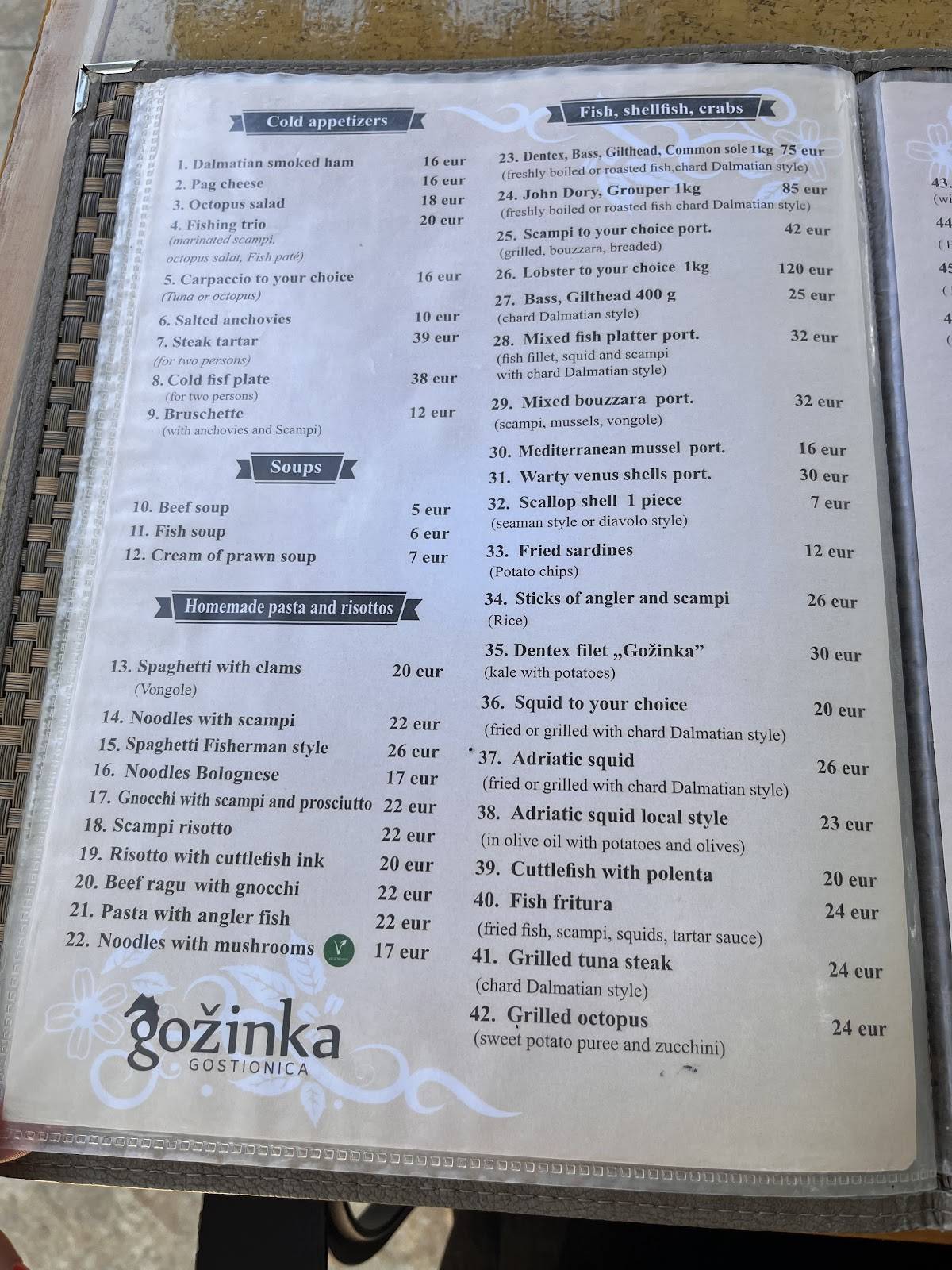 Gostionica Gožinka меню