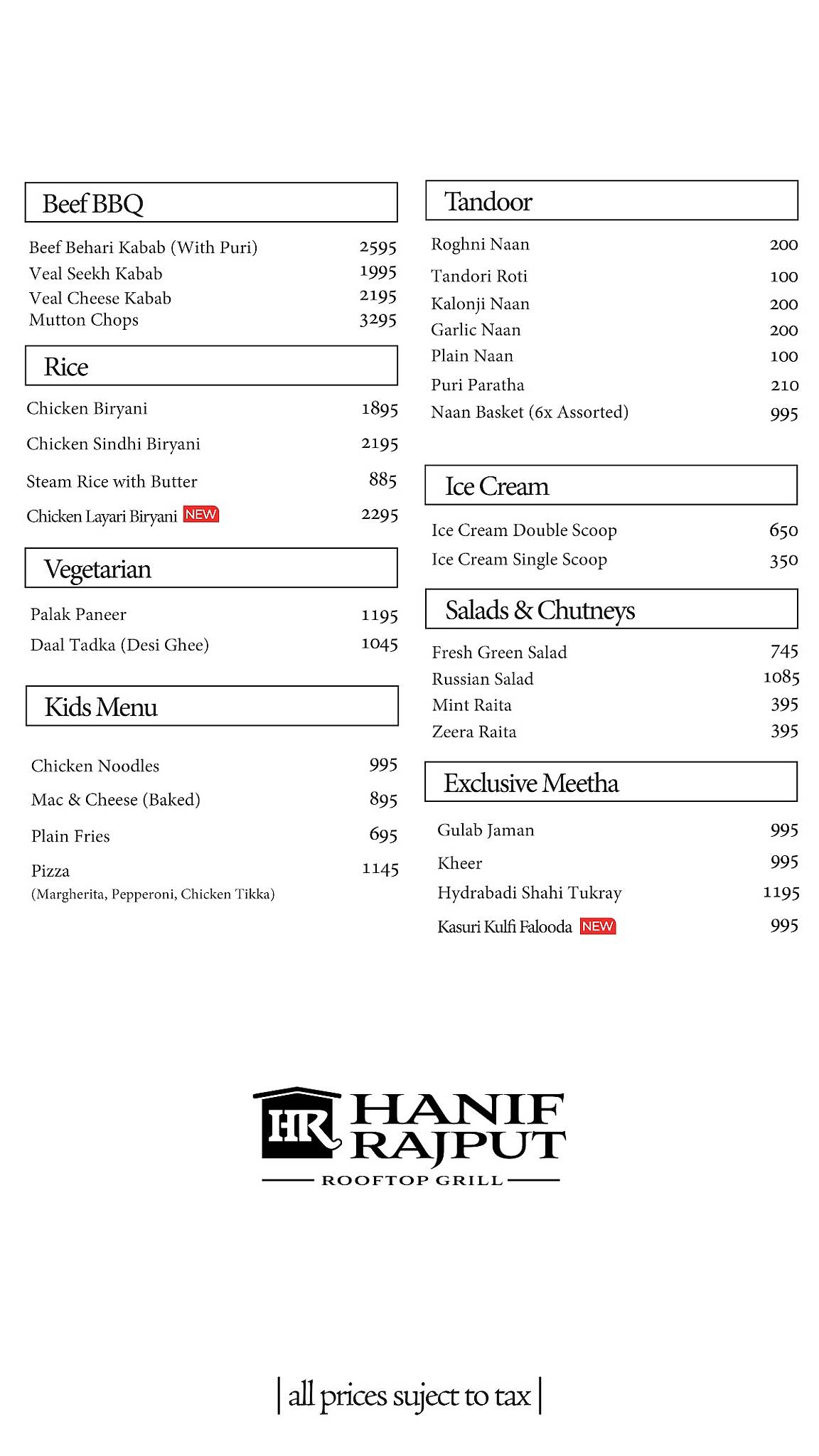 Hanif Rajput Rooftop Grill меню