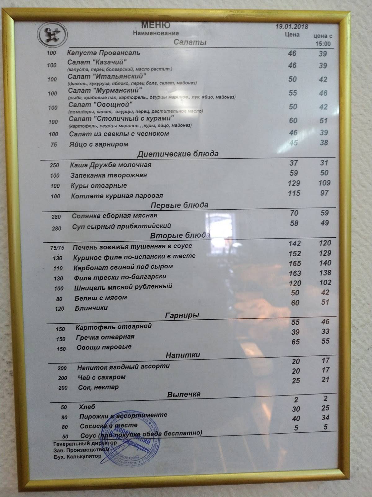 Кафе меню