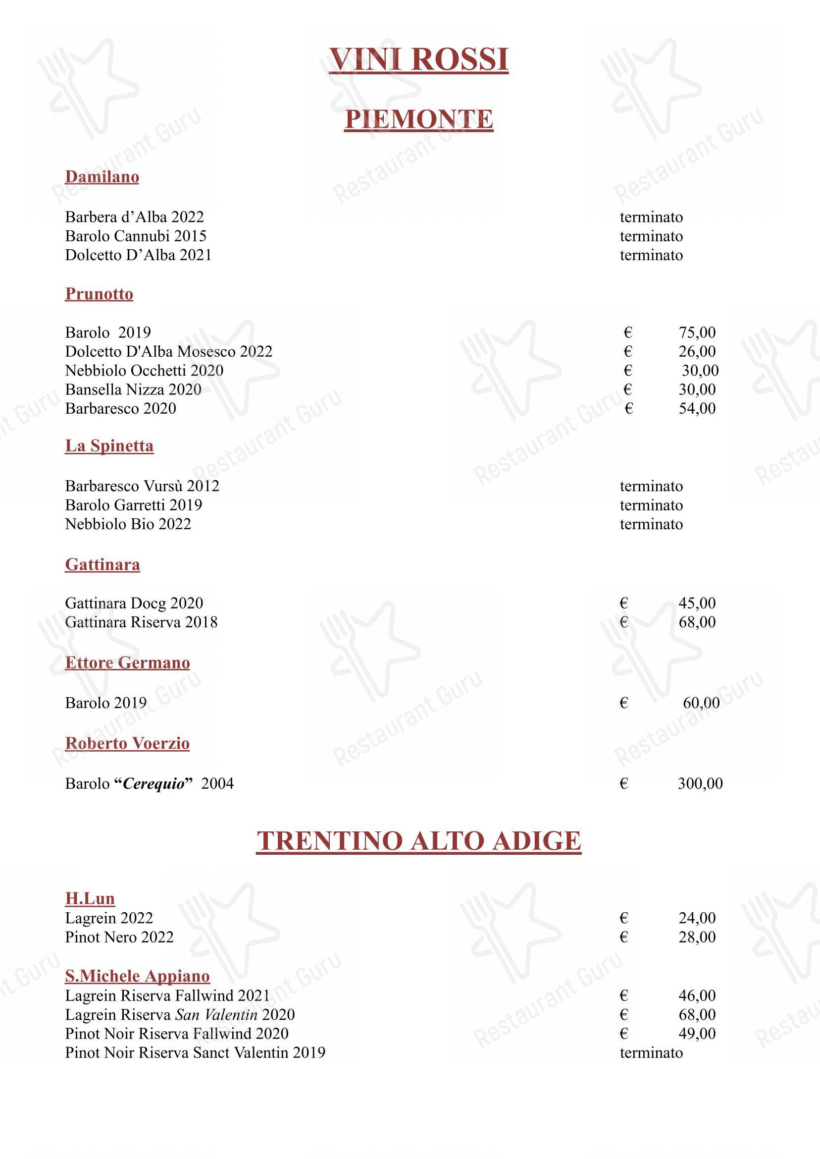 Меню напитков паба и бара Hostaria Da Cesare Bottega Storica dal 1921 в Риме