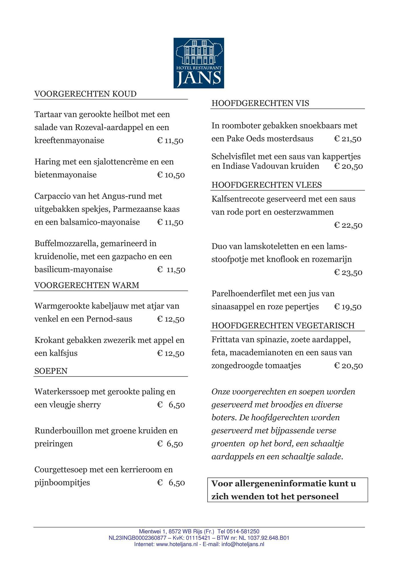 Hotel Restaurant Jans Rijs Gaasterland меню