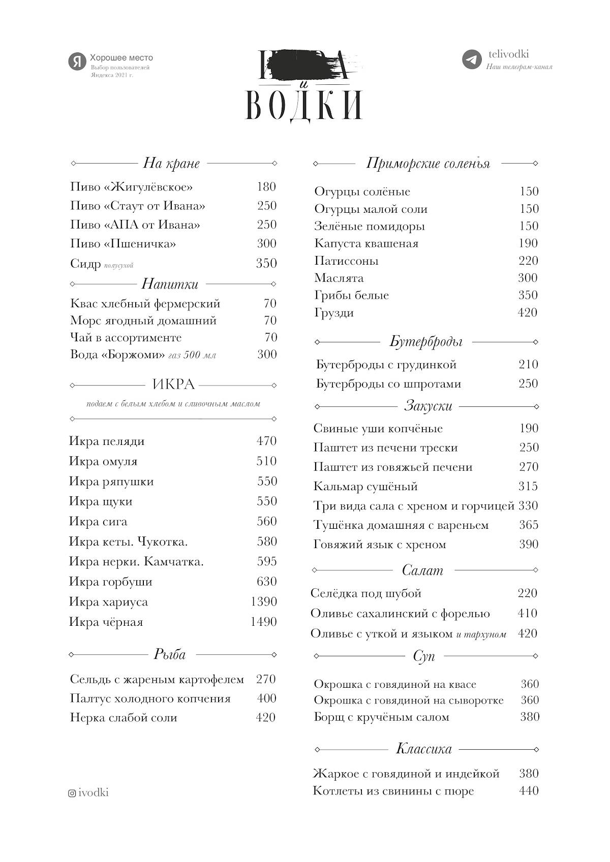 Икра и Водки меню