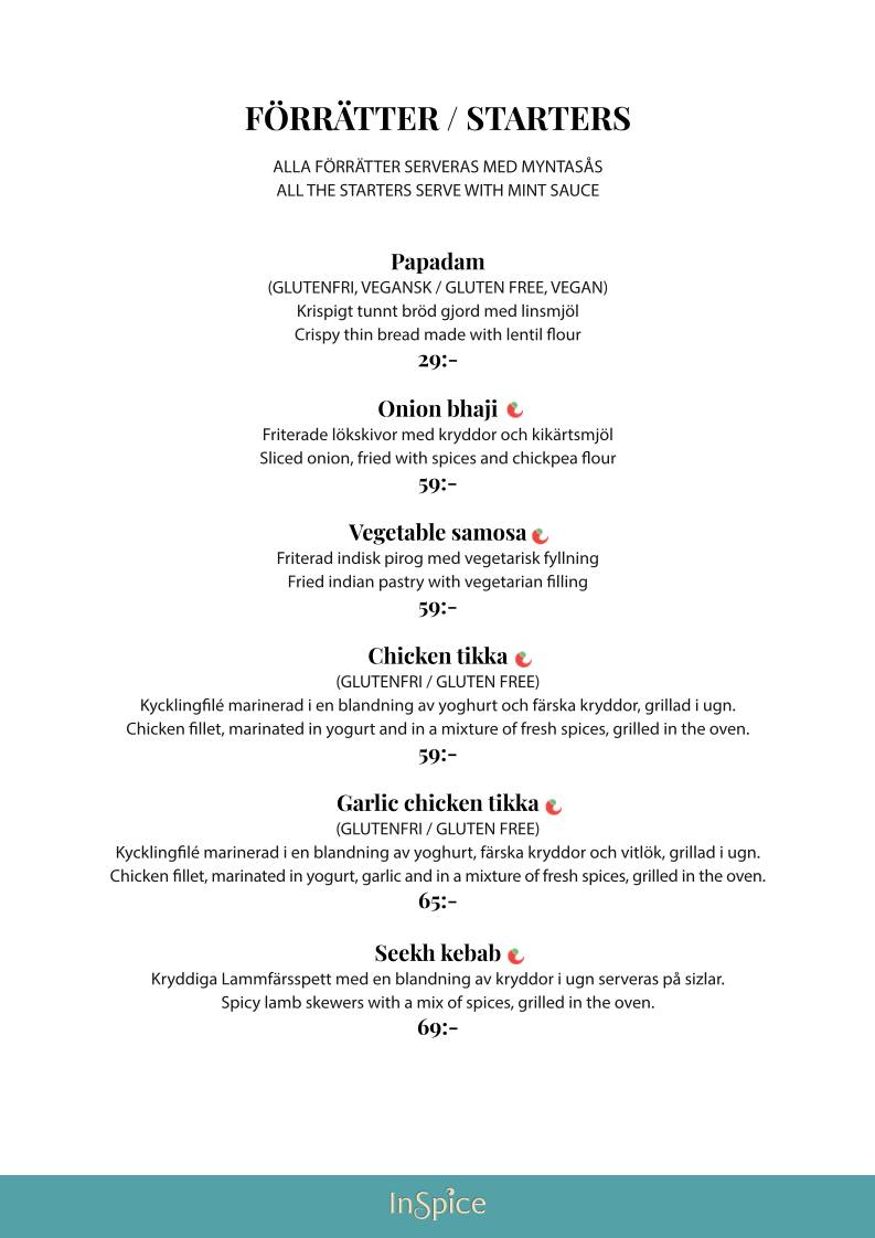InSpice - Indisk Restaurang меню