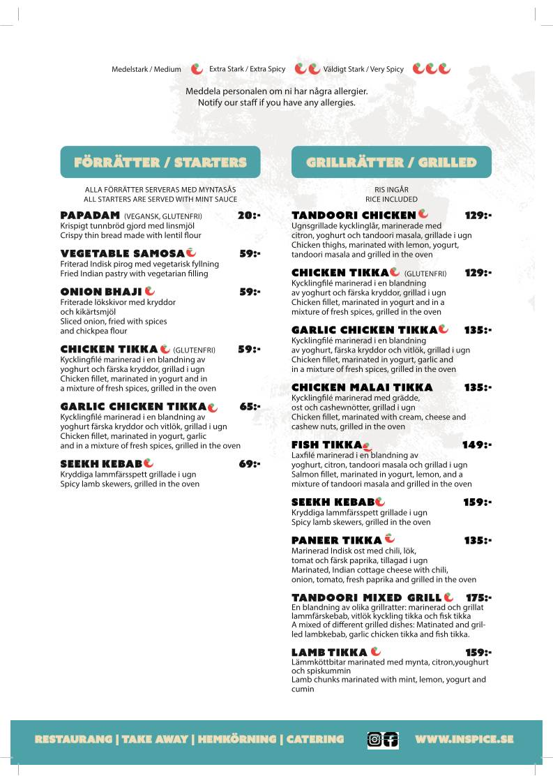 InSpice - Indisk Restaurang меню