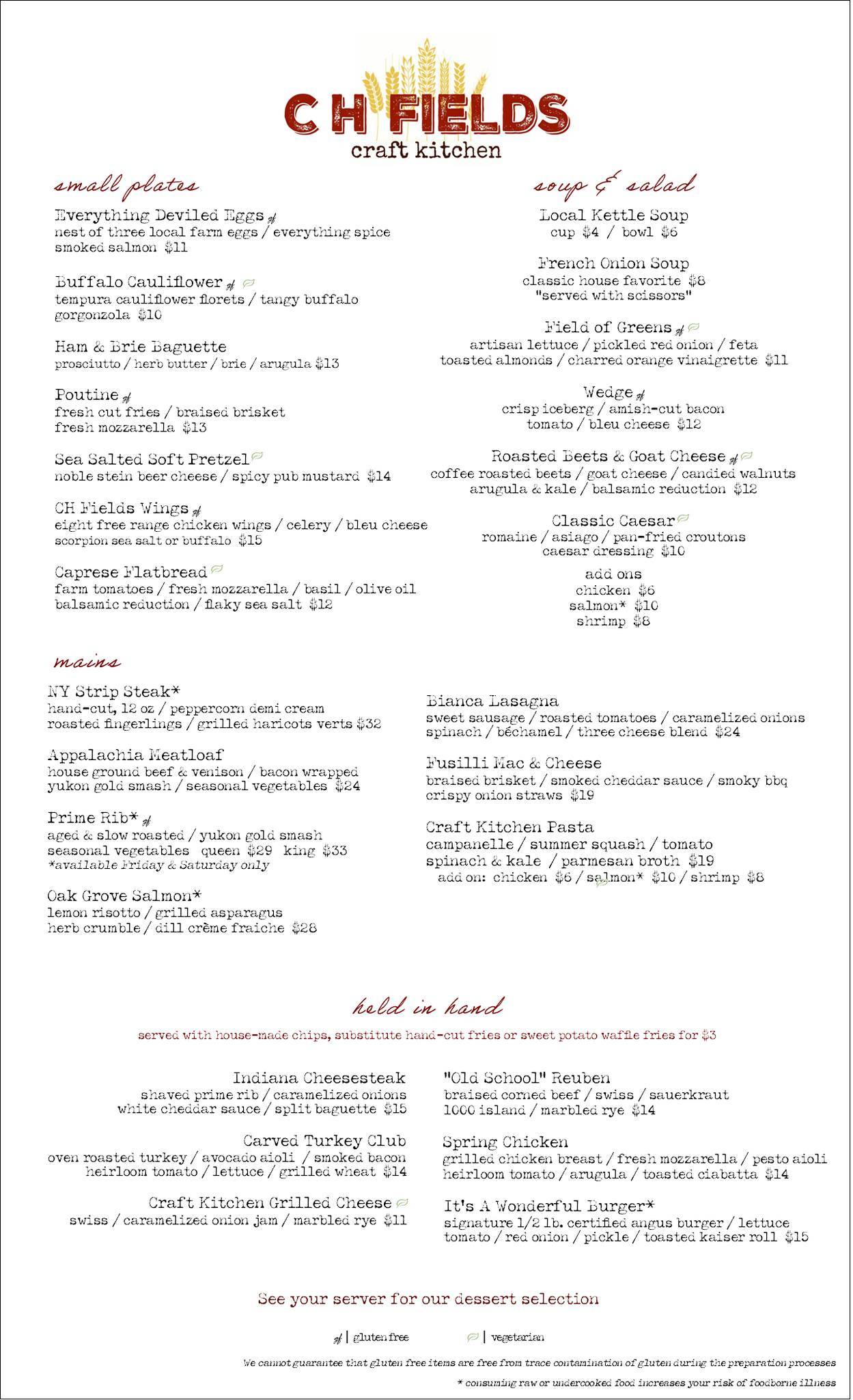 Меню паба и бара CH Fields Craft Kitchen - Hilton Garden Inn at IUP в Индиане