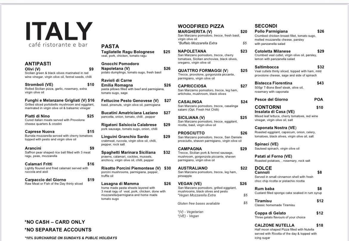 Italy Cafe Ristorante e bar меню
