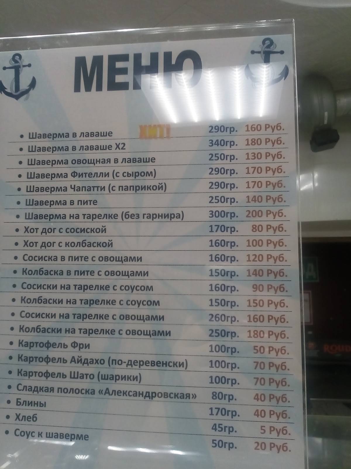 Кафе Якорь меню