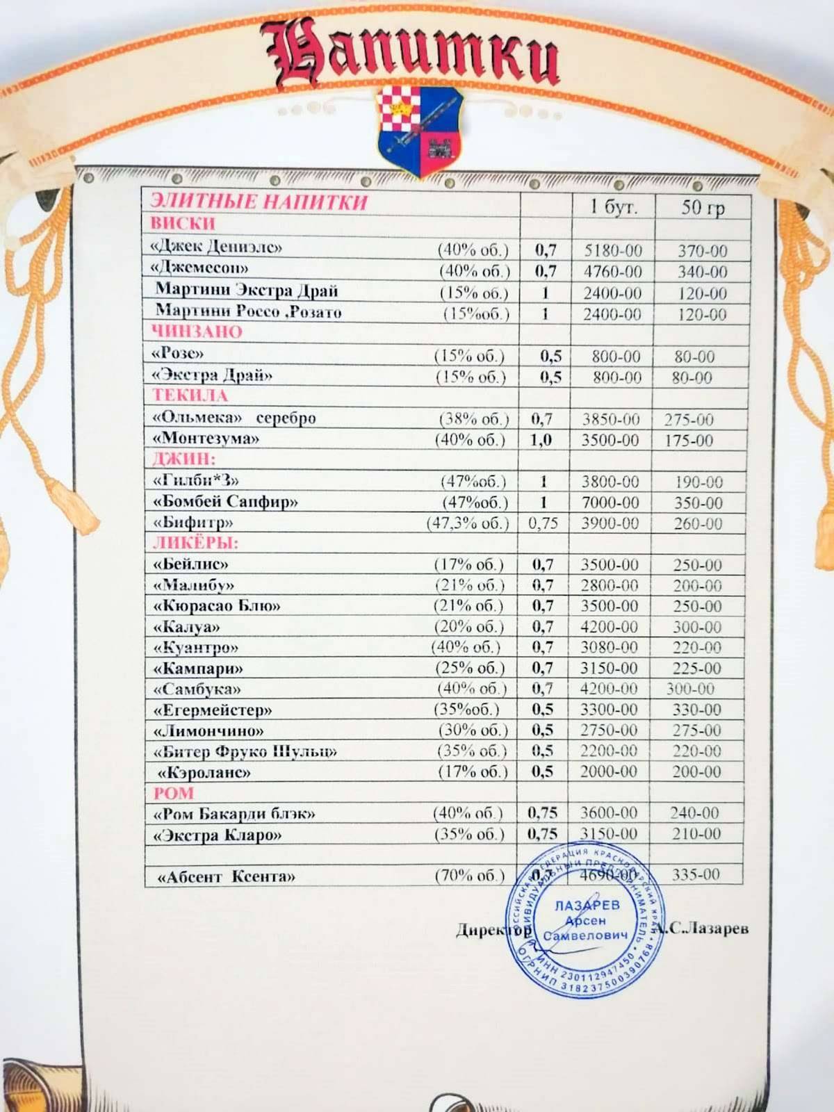 Кафе Камелот Анапа меню