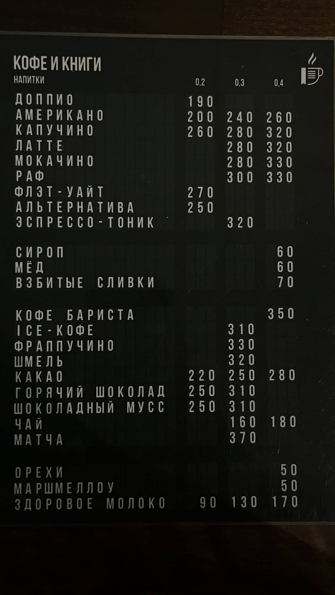 Кофе и книги меню