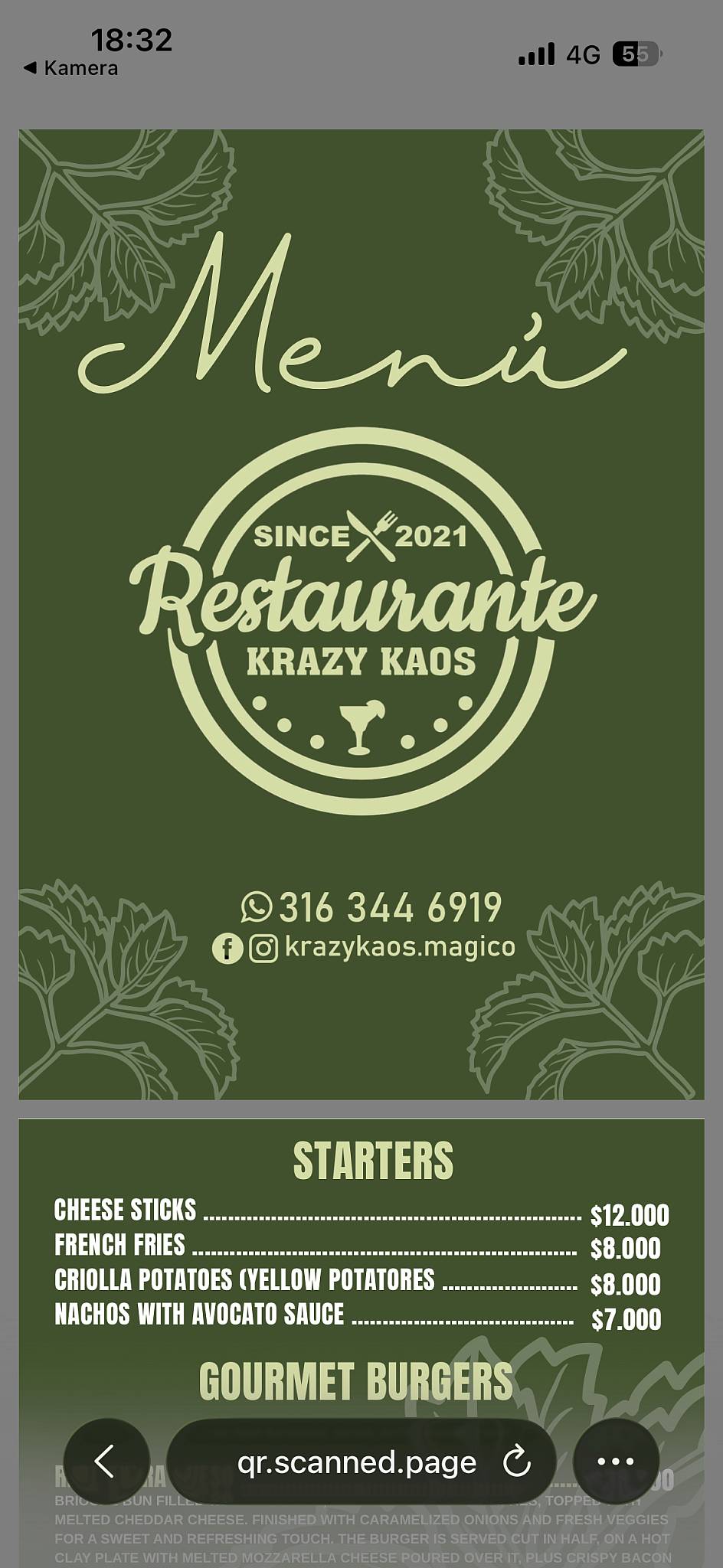 Restaurante Krazy kaos меню