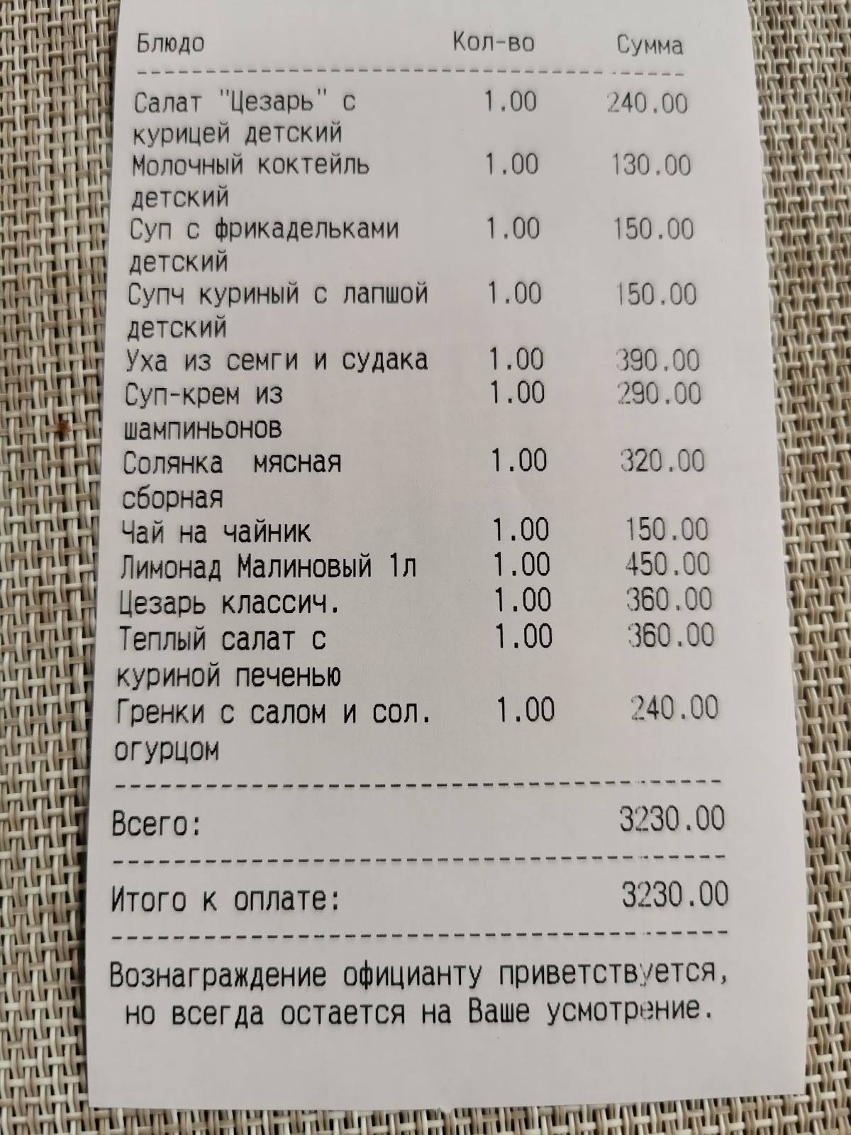 Кукушка меню