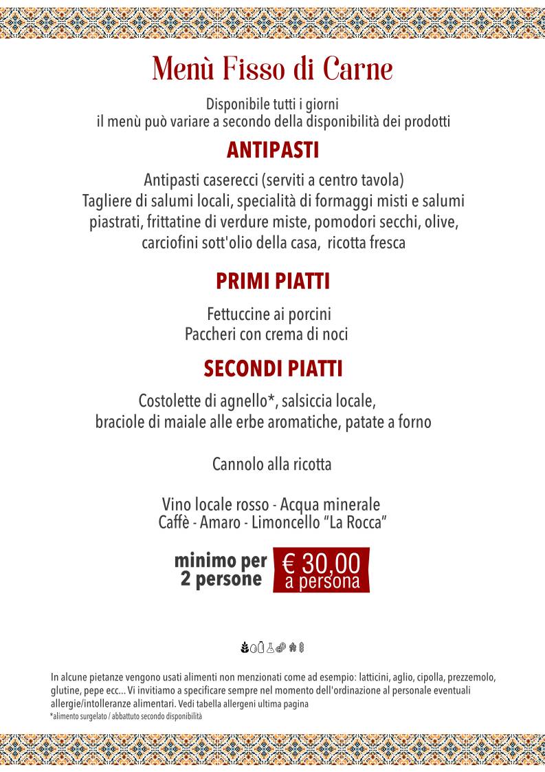 LA ROCCA ALBERGO RISTORANTE SALA RICEVIMENTI PIZZERIA меню