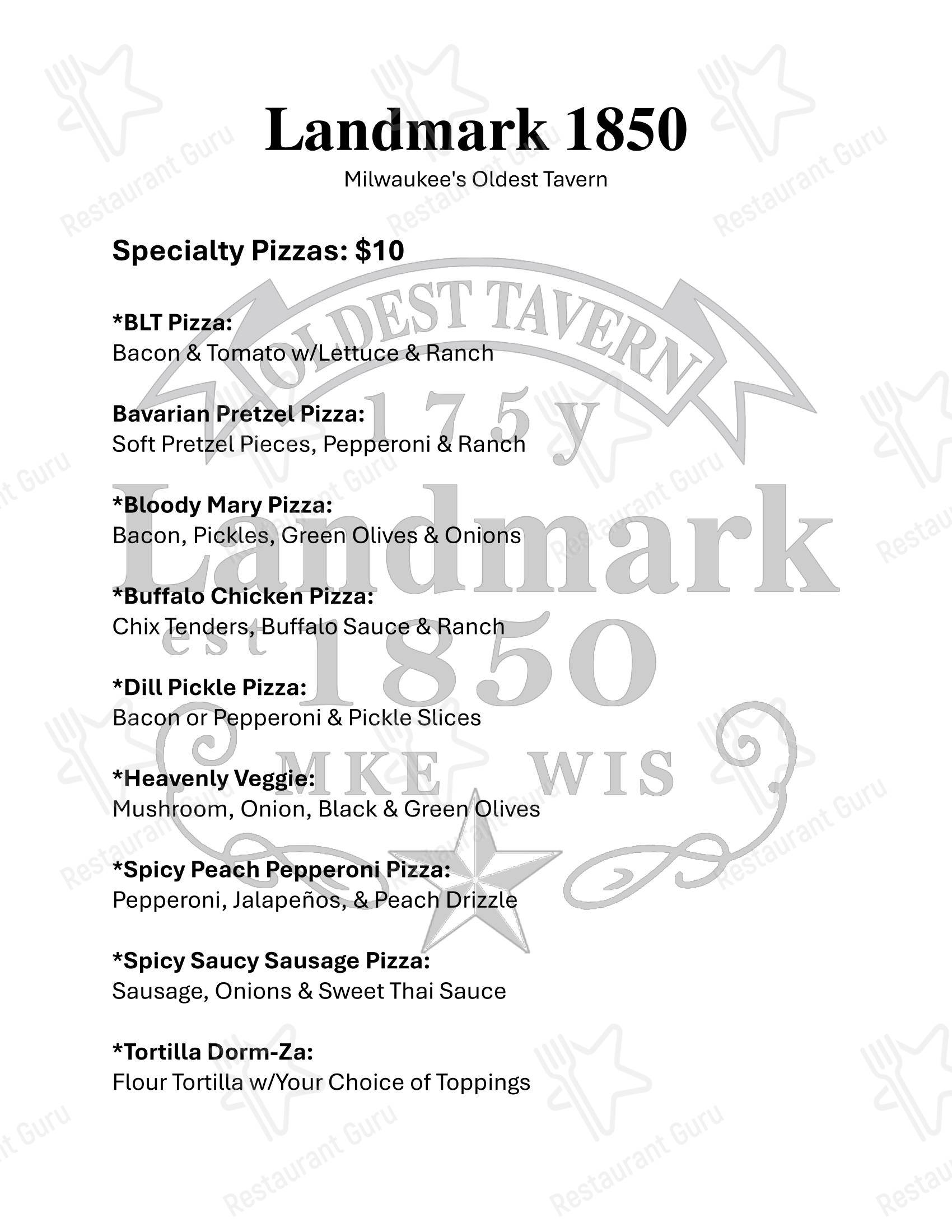 Меню паба и бара Landmark 1850 Milwaukee’s Oldest Tavern - Меню