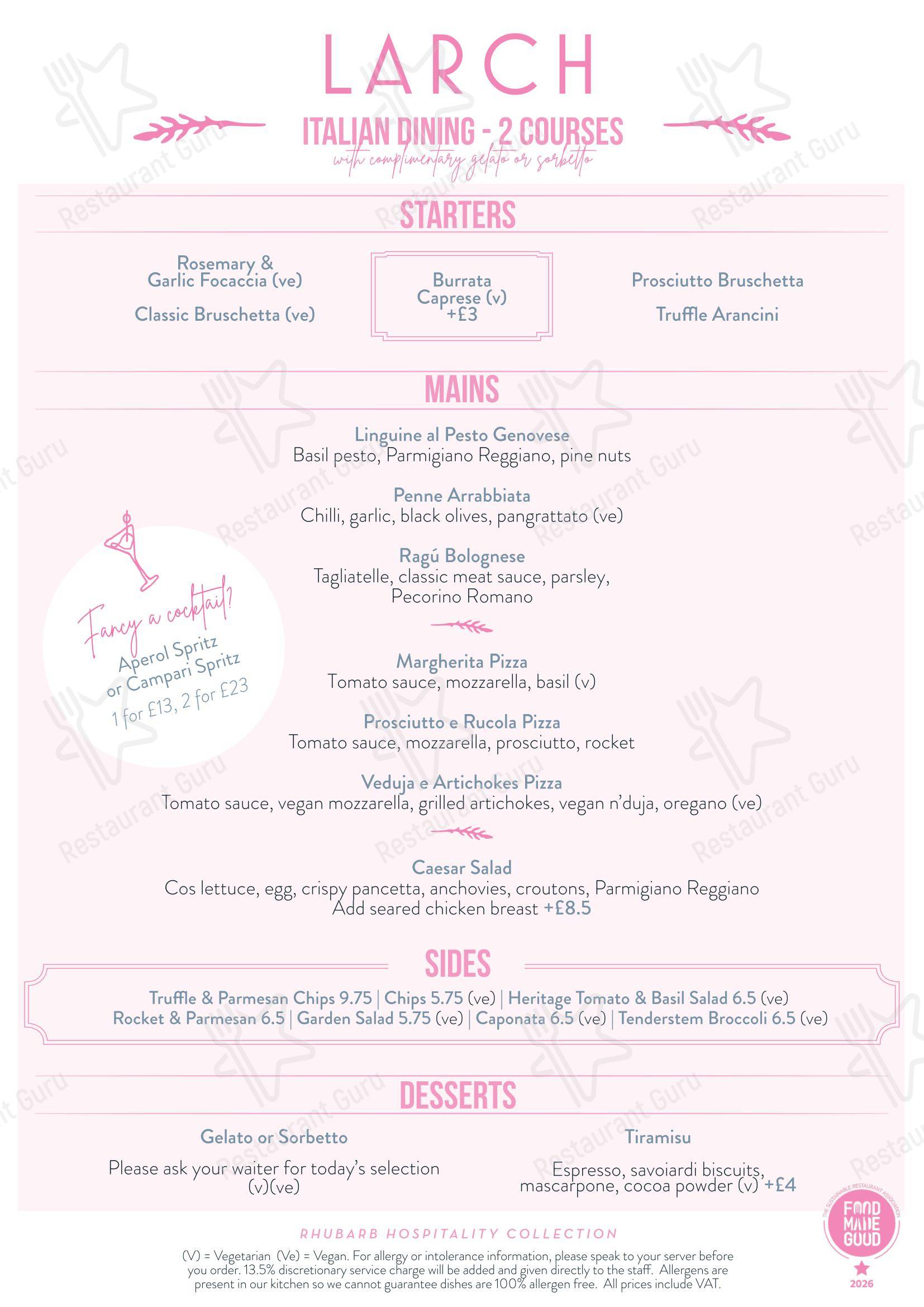 Larch в Лондоне - Group Booking Menu