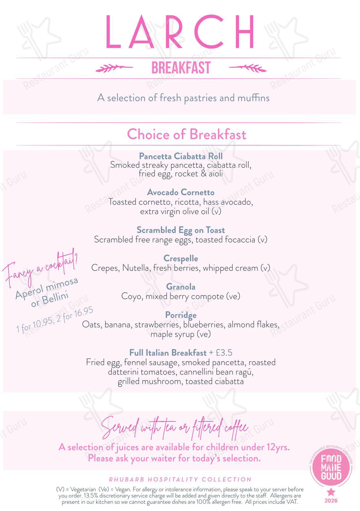 Меню ресторана Larch - Takeaway Menu