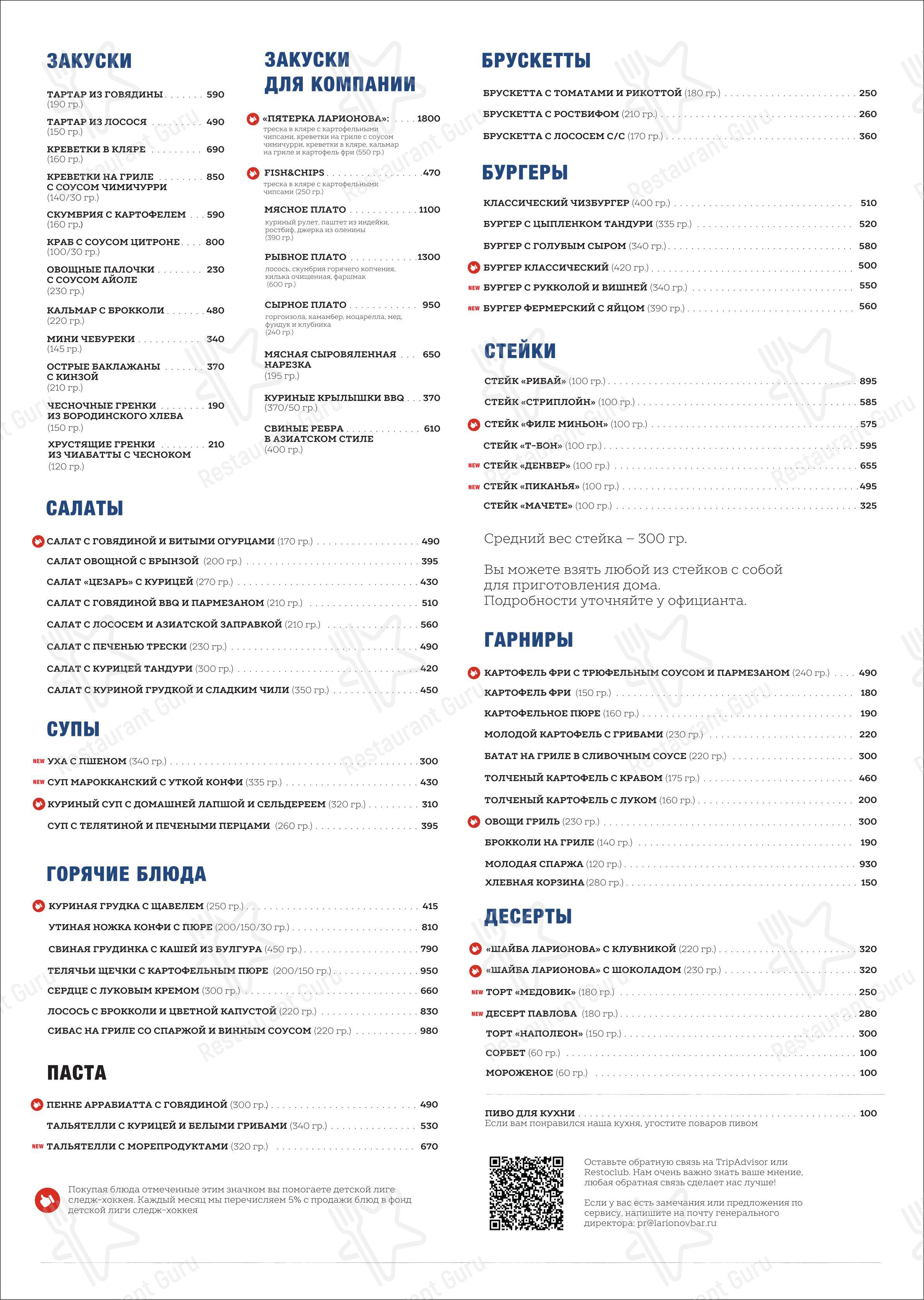 Меню для посетителей паба и бара Larionov Grill & Bar