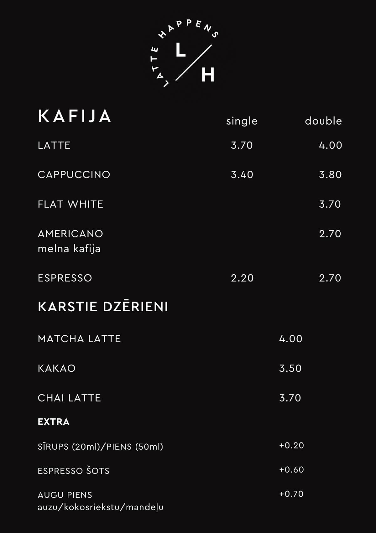 Latte Happens, kafejnīca меню