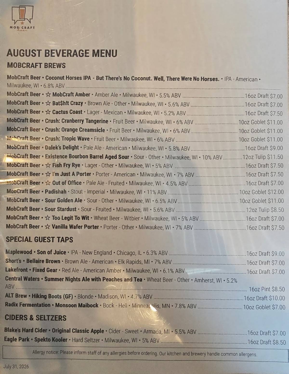 MobCraft Beer MKE’s Crowdsourced Brewery меню