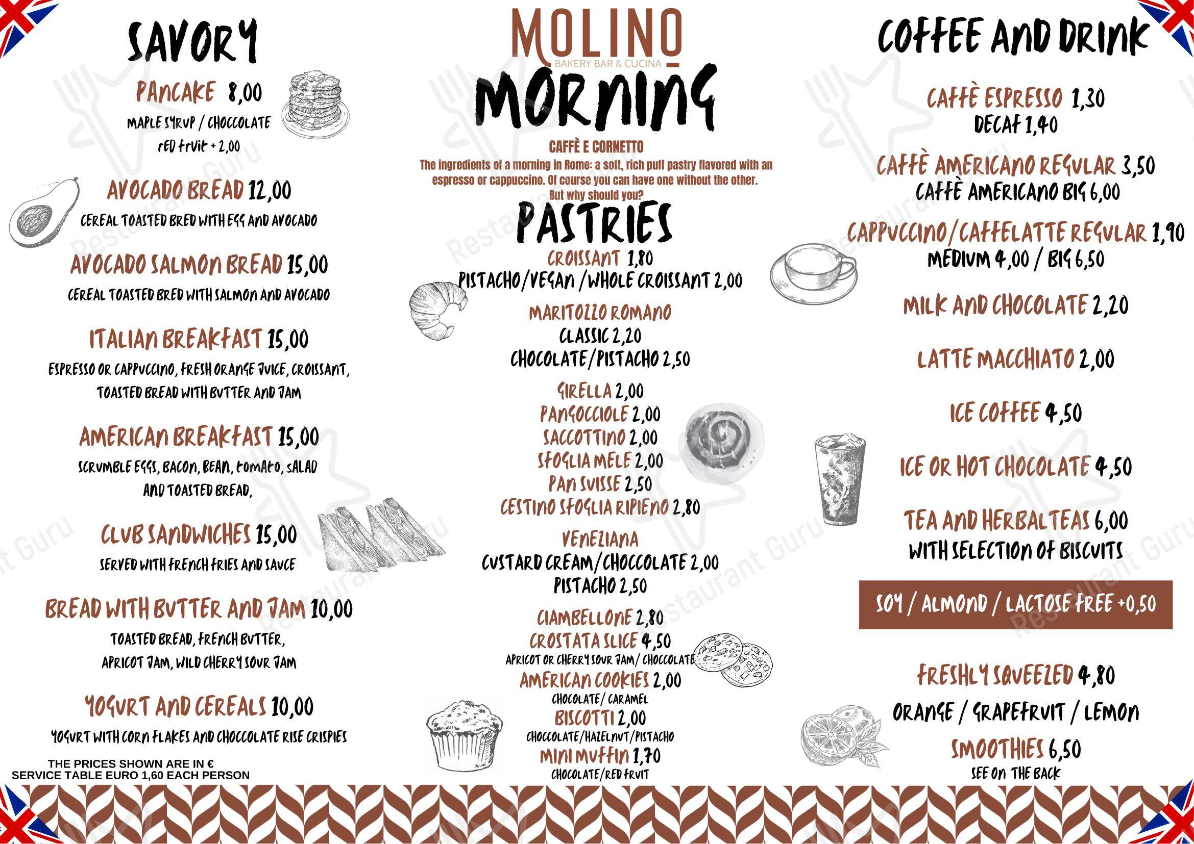 Меню напитков паба и бара Molino bakery bar в Риме