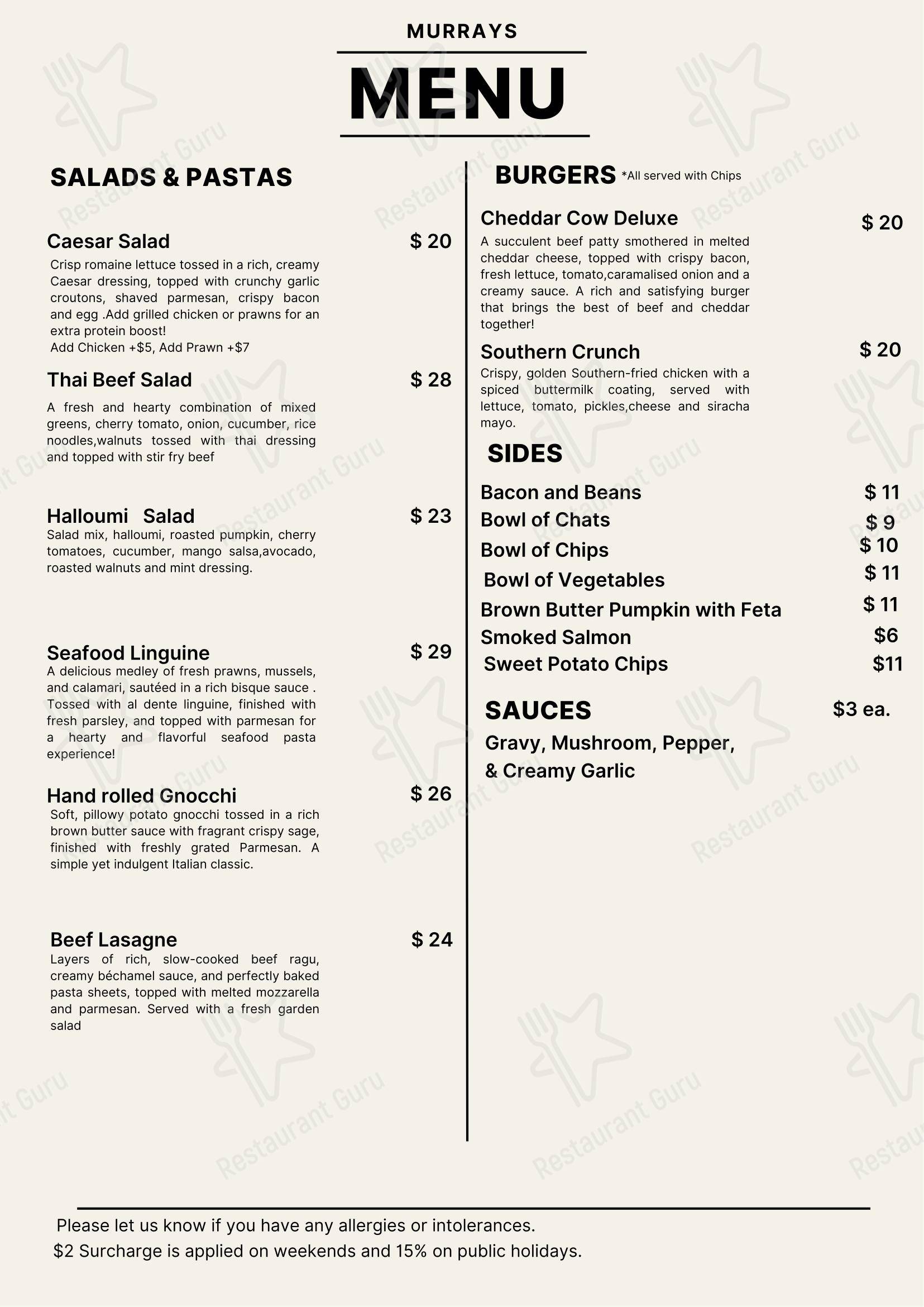 菜单 ресторана Murrays Restaurant and Cafe в Мюррейсе Бич