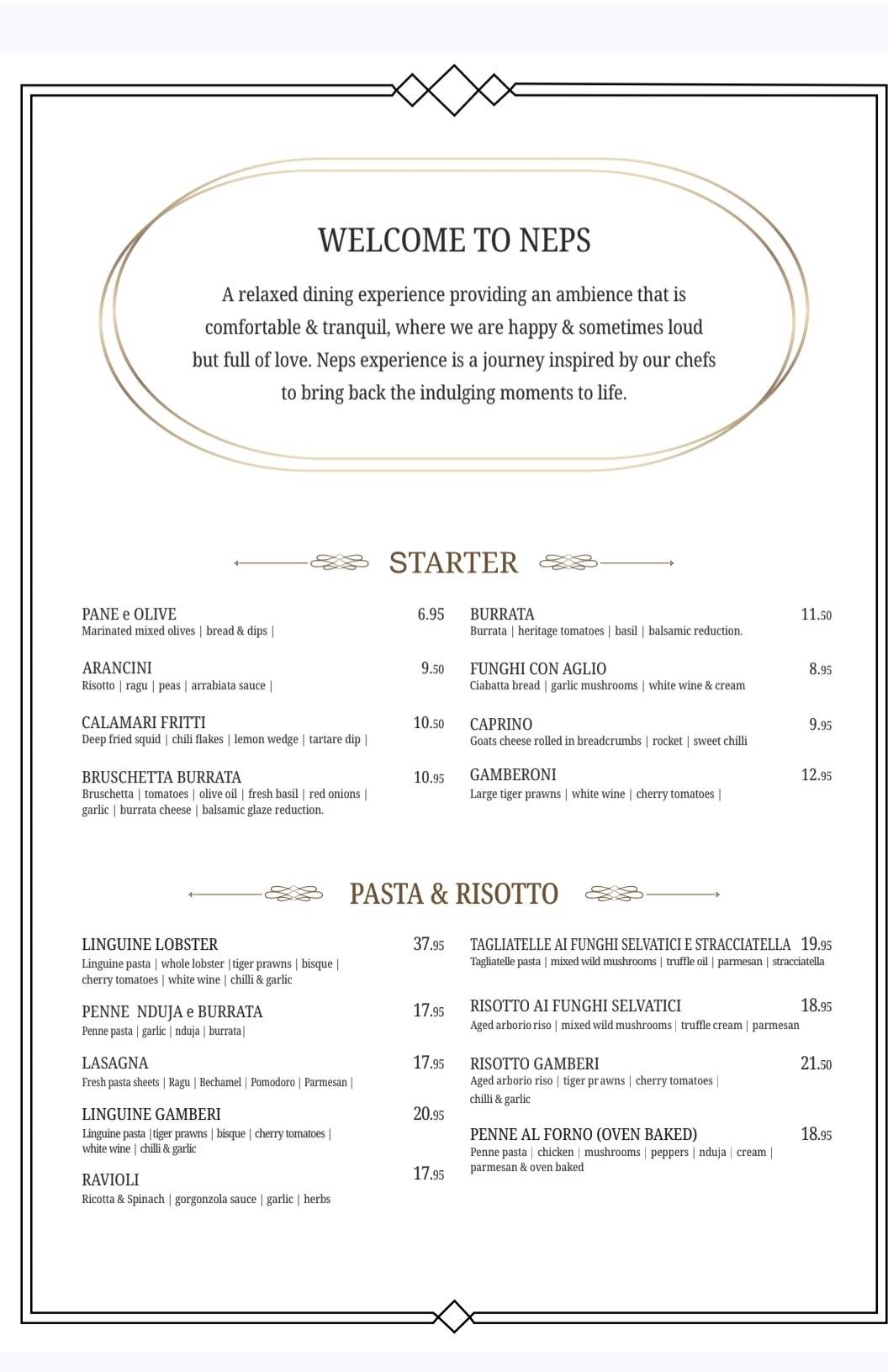 Neps Italian Restaurant меню