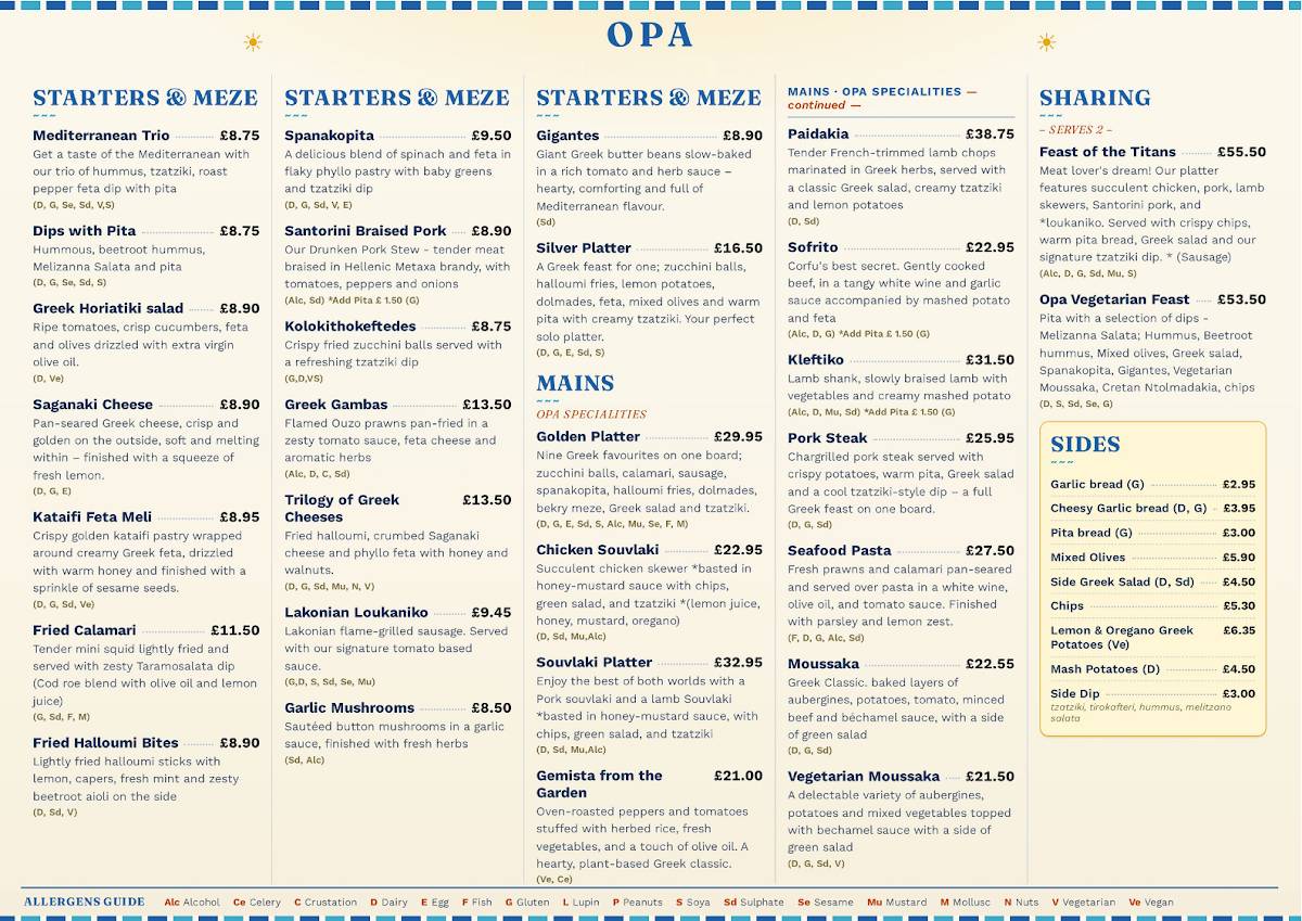 Opa Bath меню