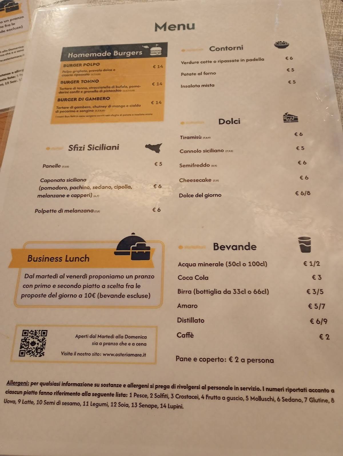 Osteria Maré меню