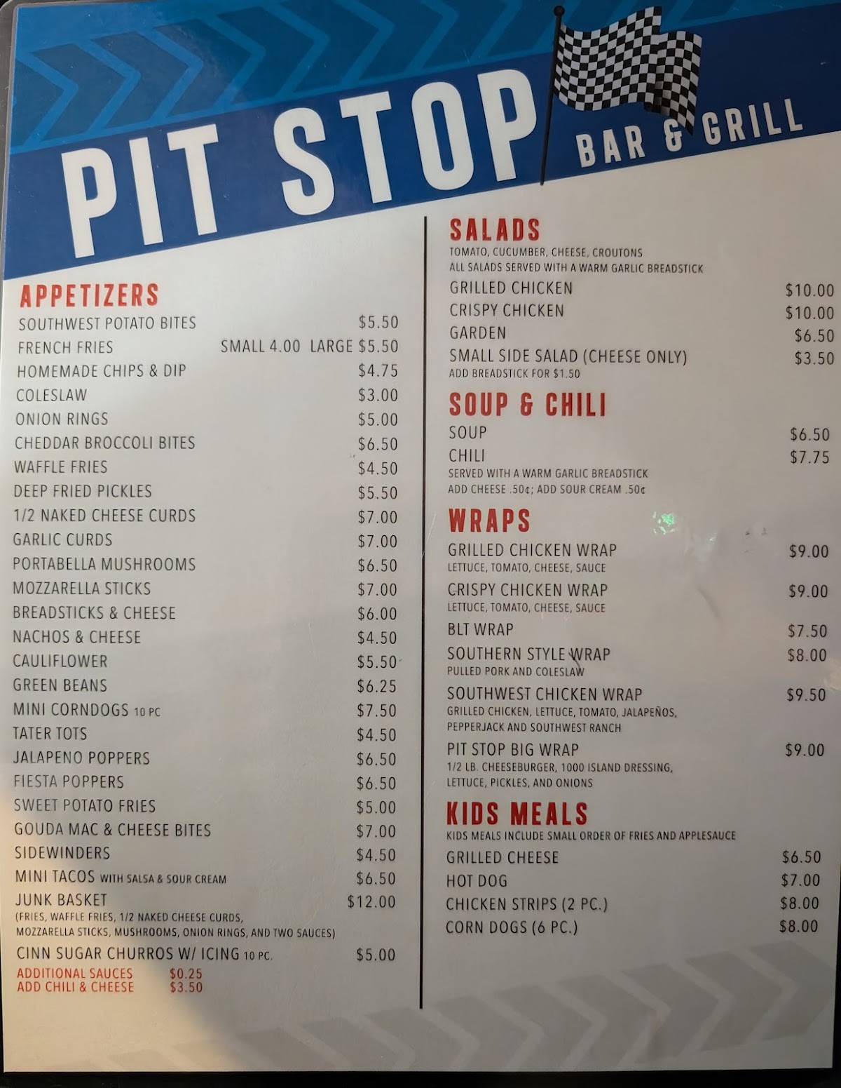 PIT STOP BAR & GRILL меню