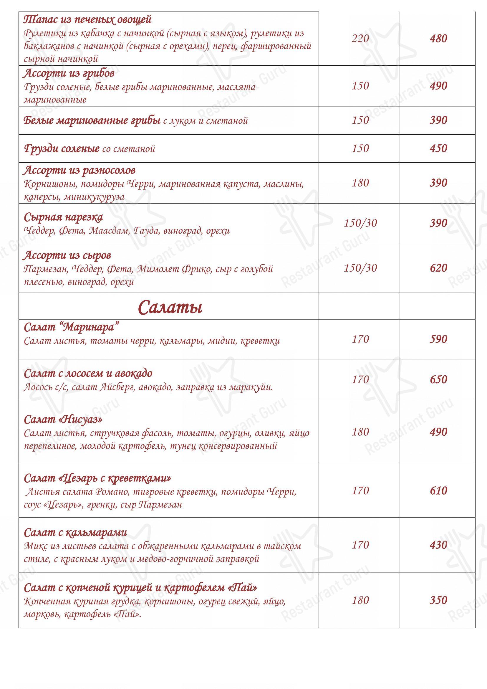 Меню ресторана Палех - Ночное меню