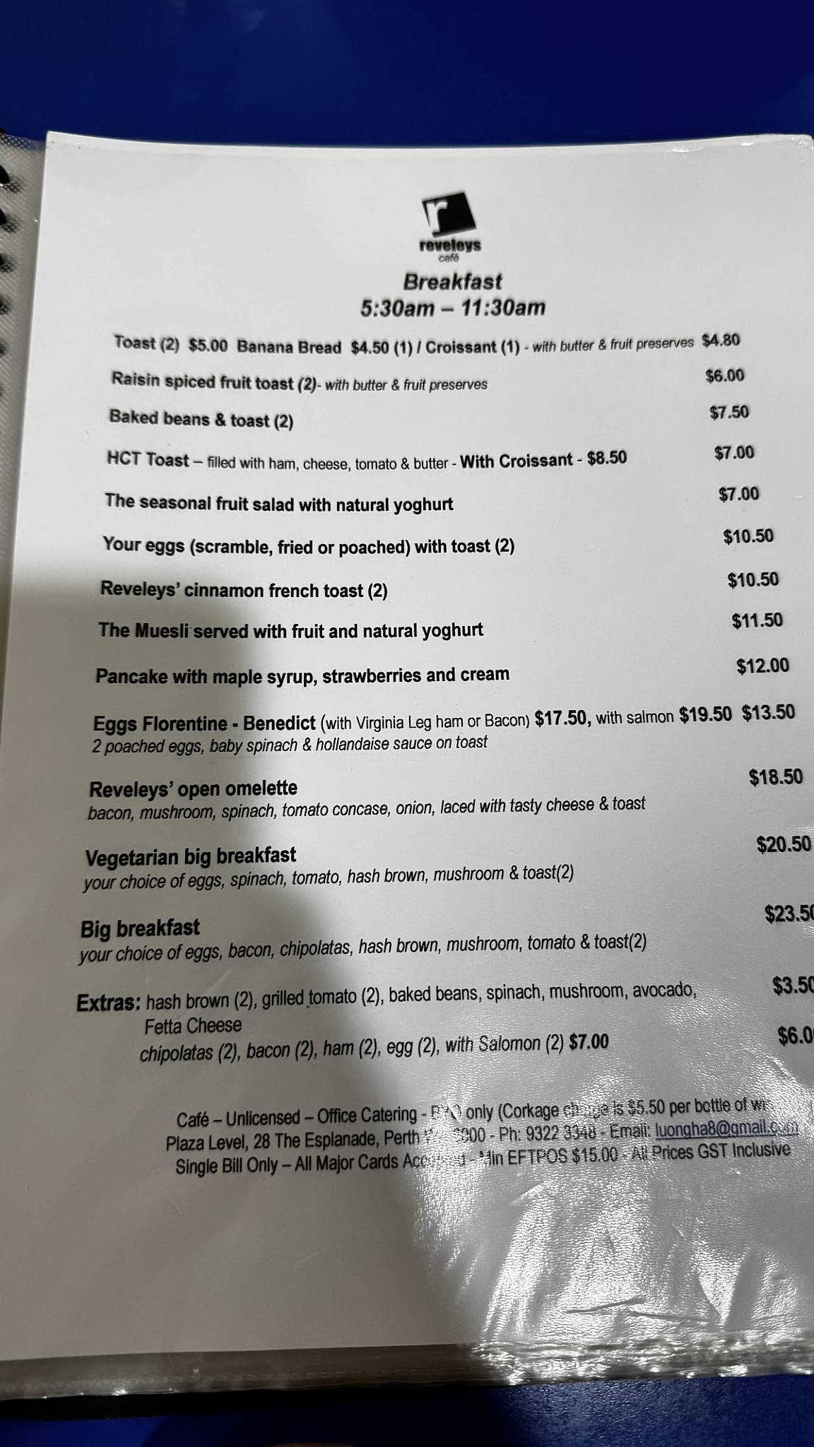 Reveleys Cafe меню