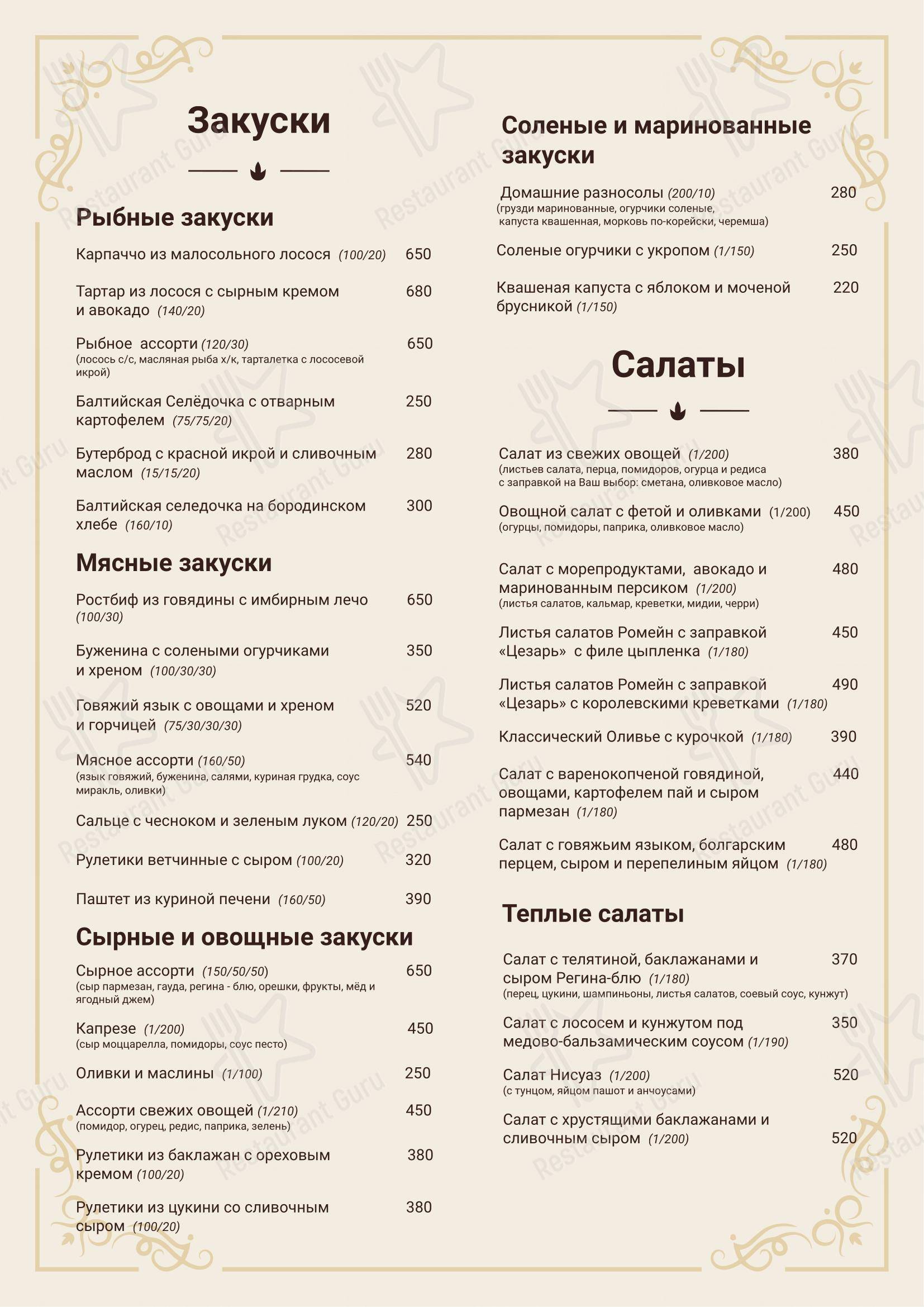 Меню кафе Питер