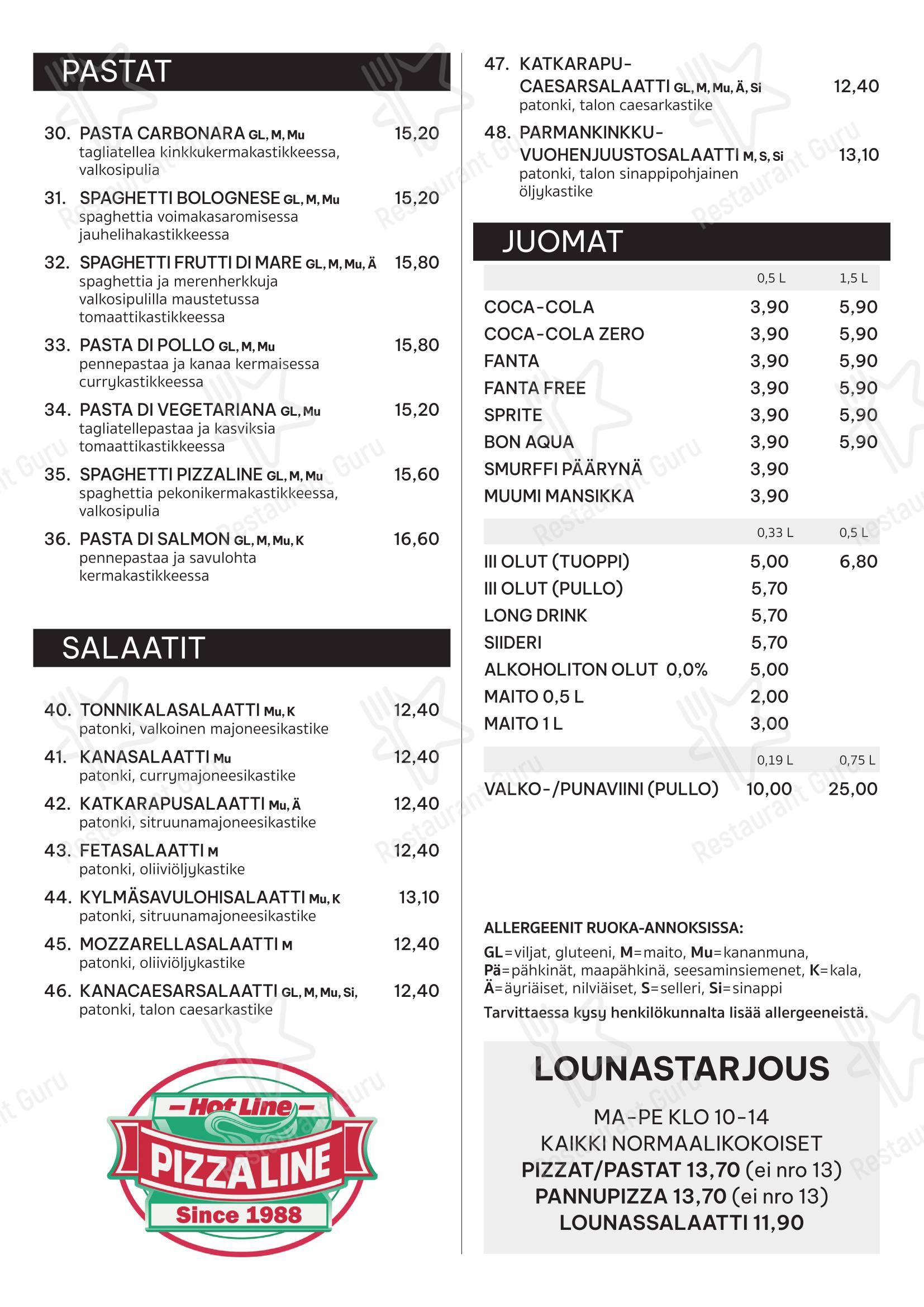 Меню ресторана Pizzaline в Турку