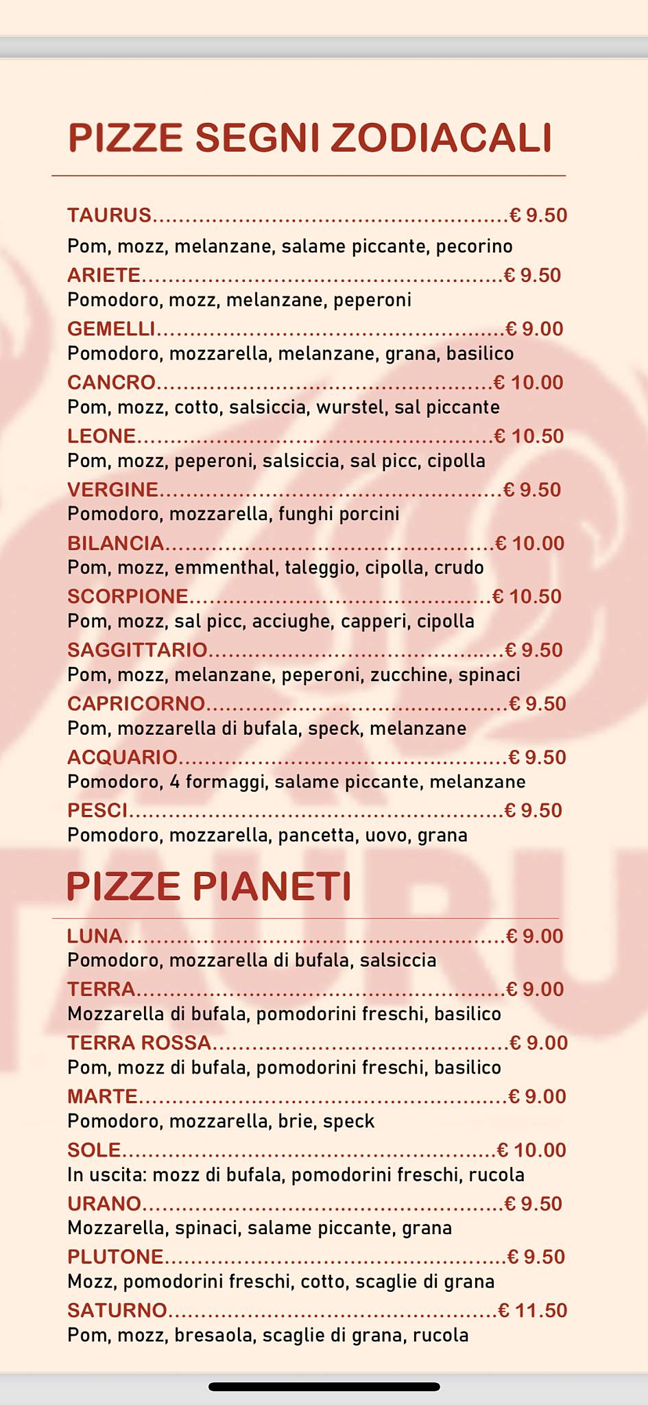Pizzeria Taurus меню