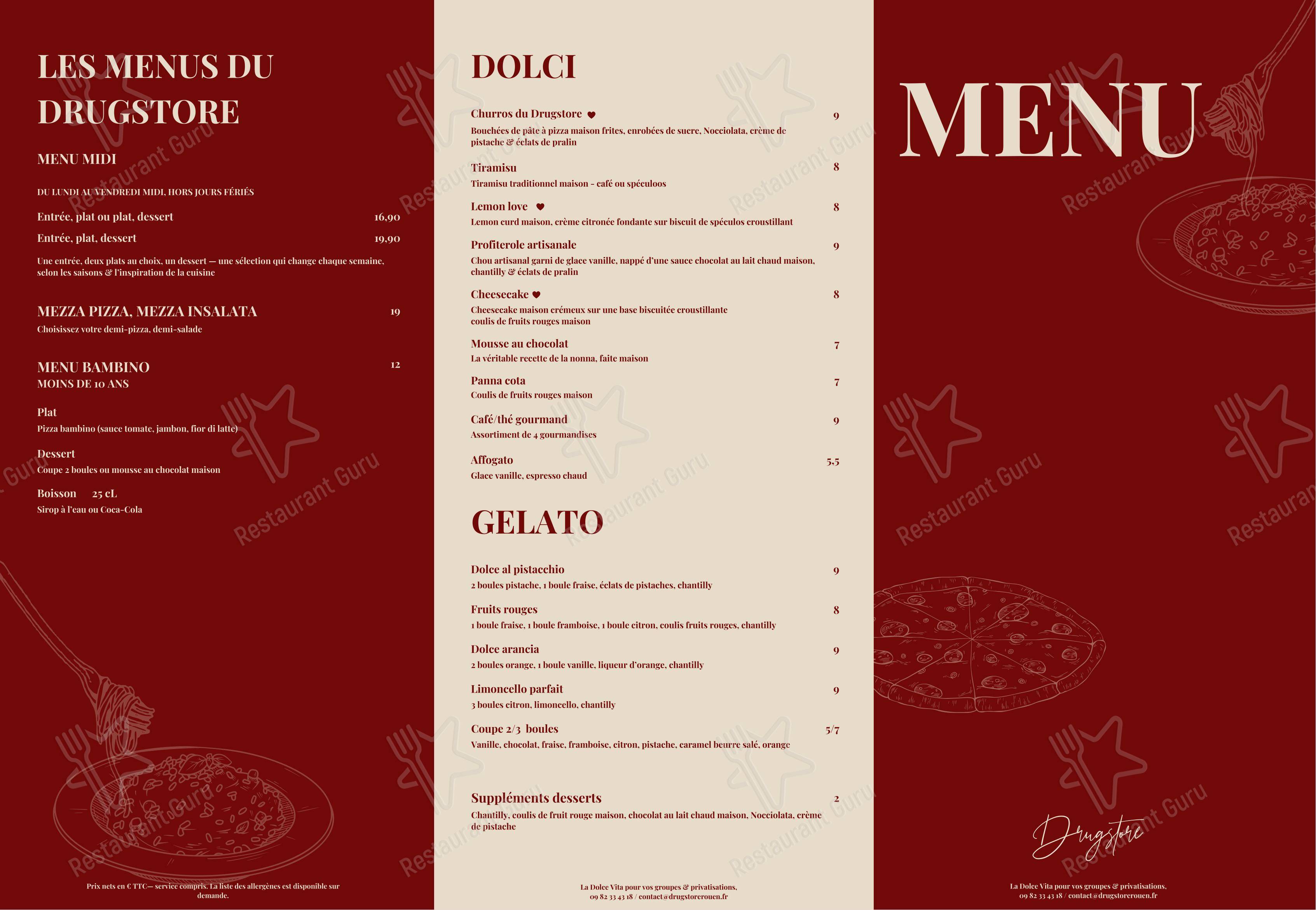 Меню напитков пиццерии Pizzeria Du Drugstore