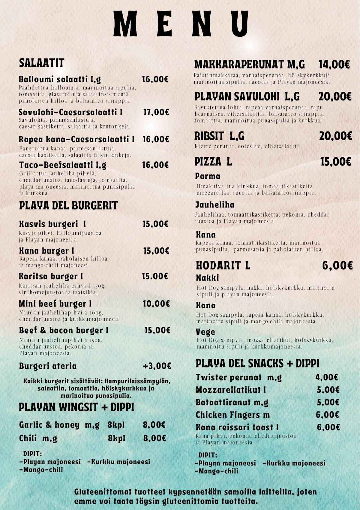 Ravintola Playa Del Raisio меню