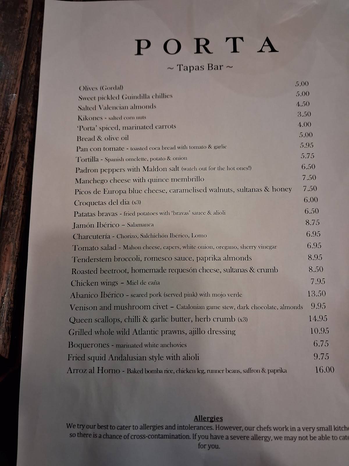 Porta Tapas Bar меню