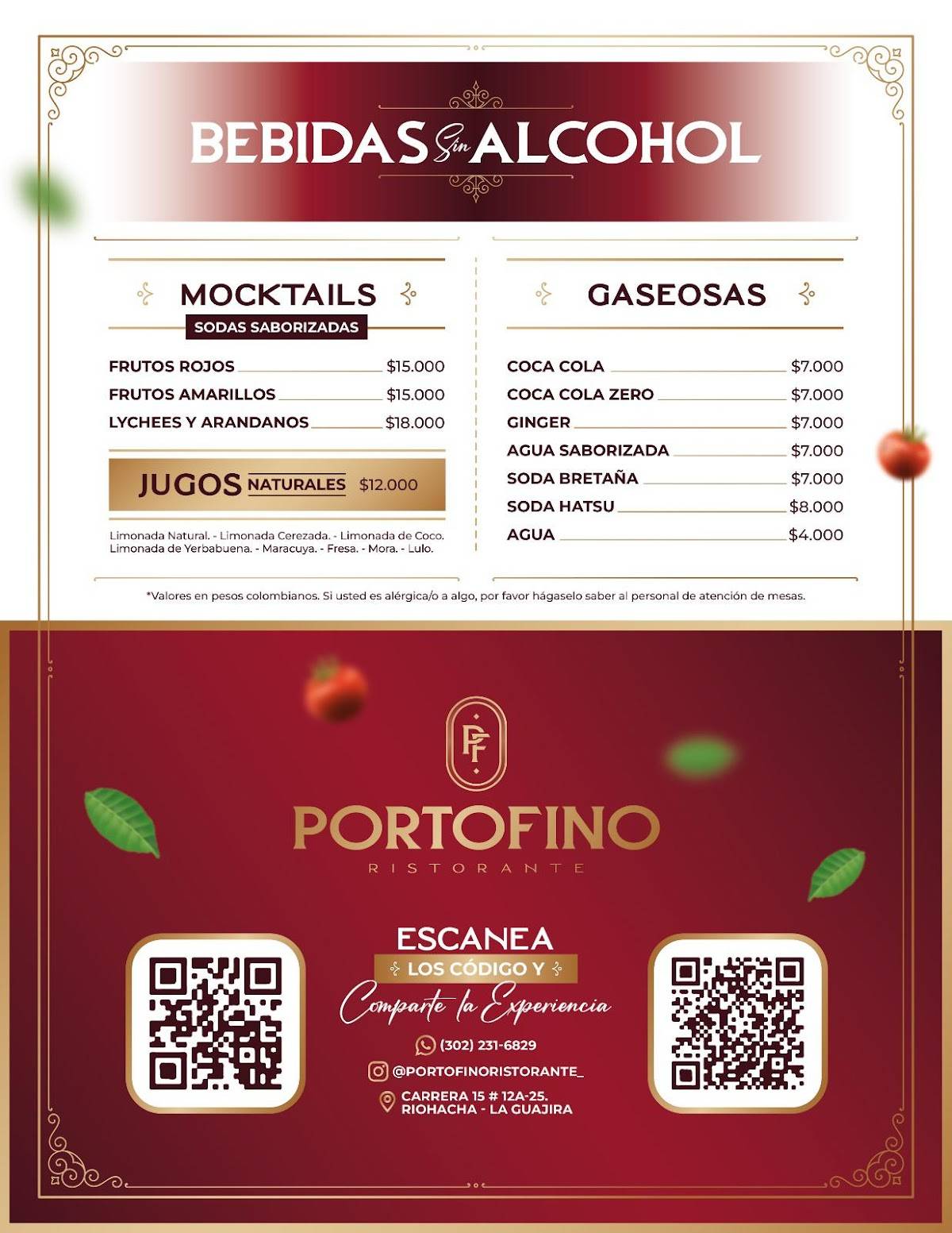 Portofino Ristorante меню