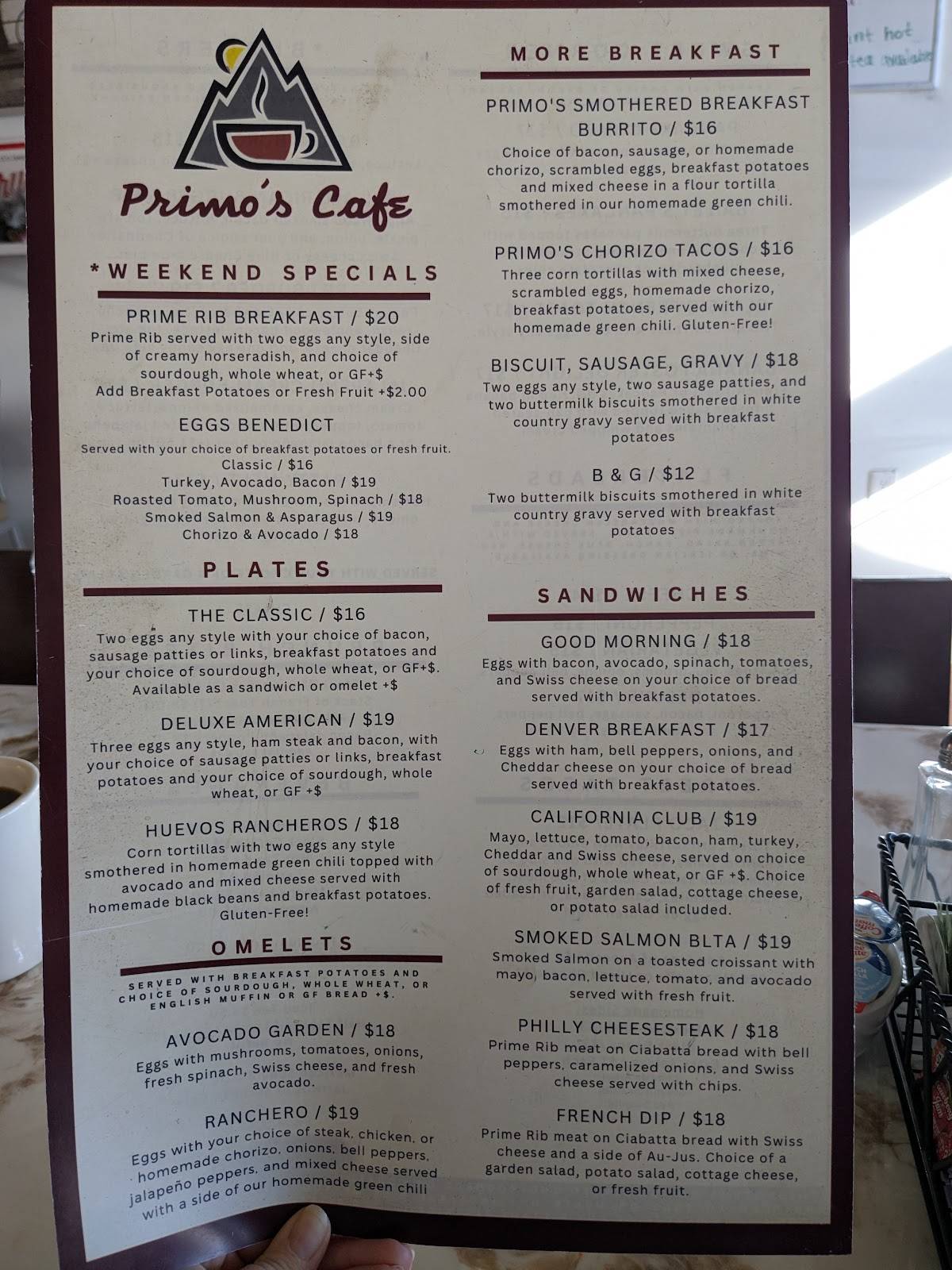 Primo's Cafe меню