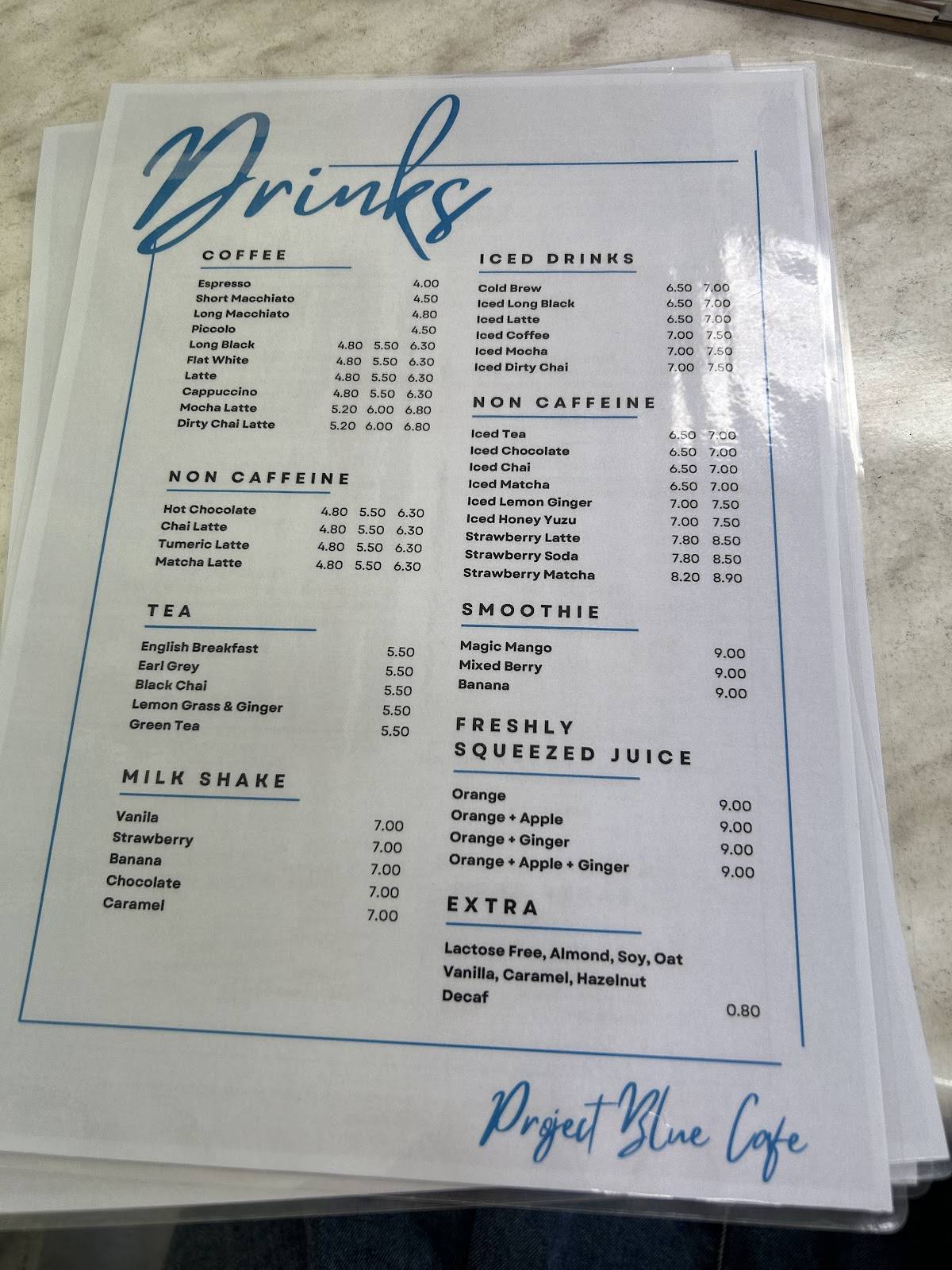 Project Blue Cafe меню