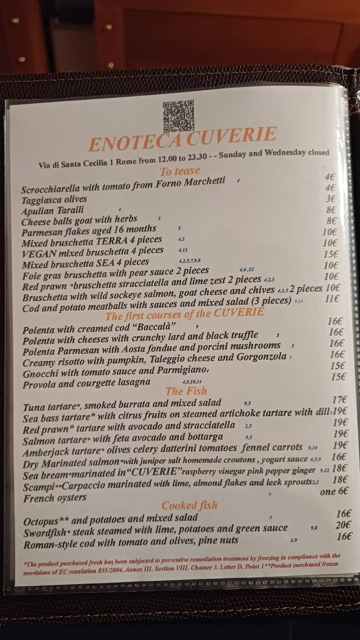 Enoteca CUVERIE меню