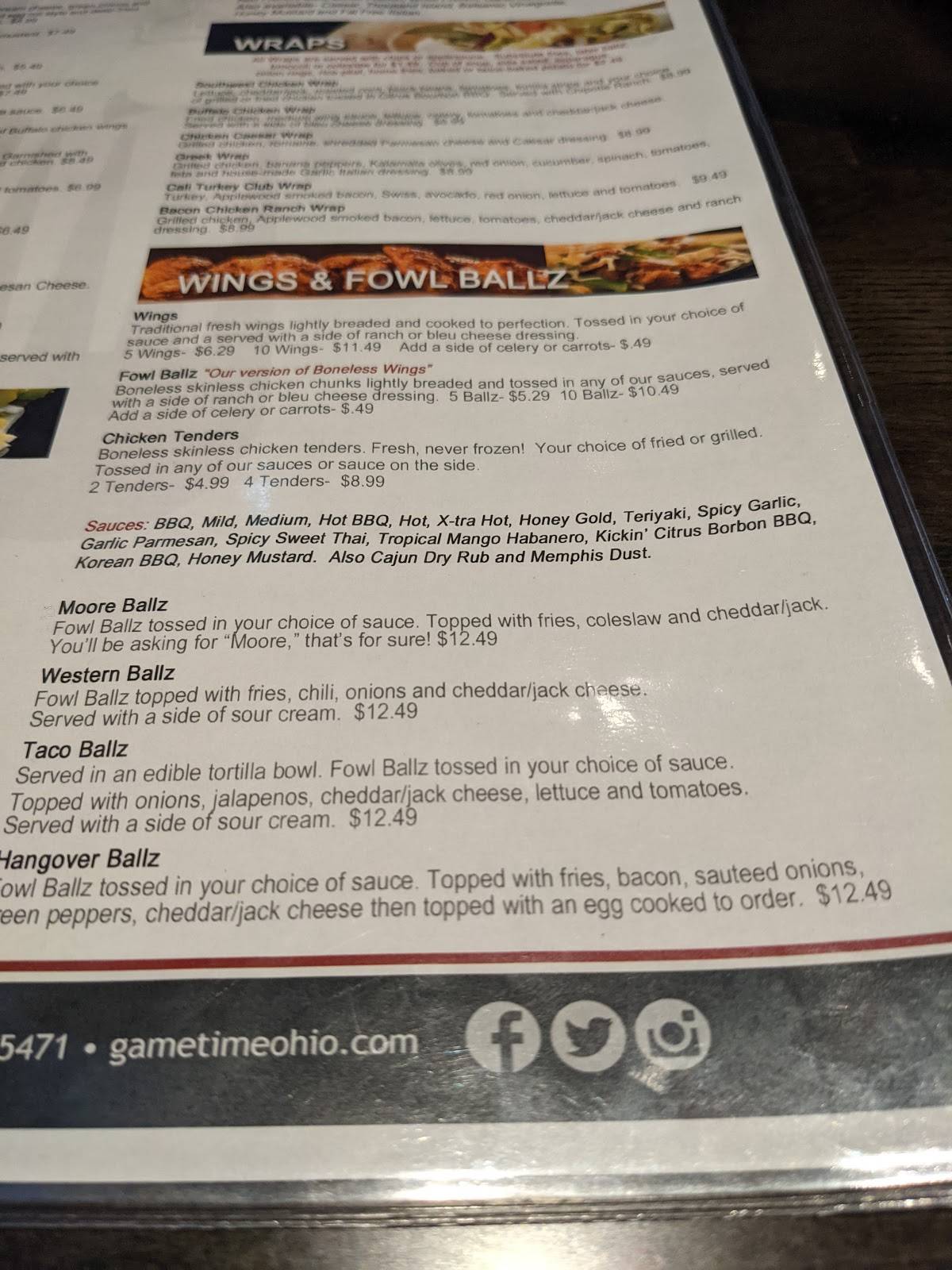 Game Time Bar & Grill меню
